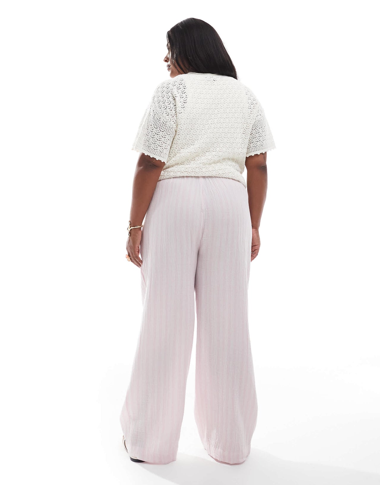 Vero Moda Curve cotton wide leg trousers in pale pink stripe