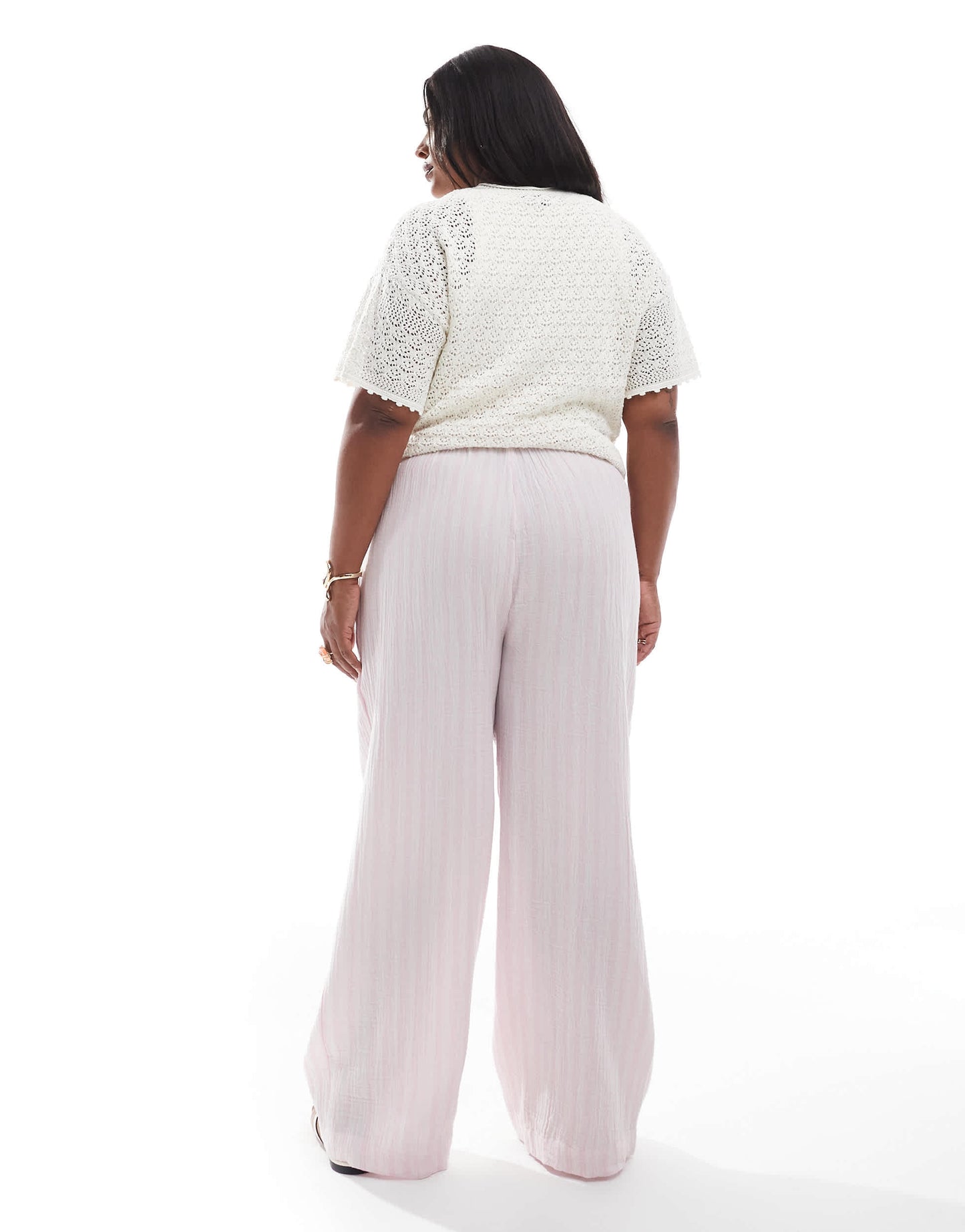 Vero Moda Curve cotton wide leg trousers in pale pink stripe