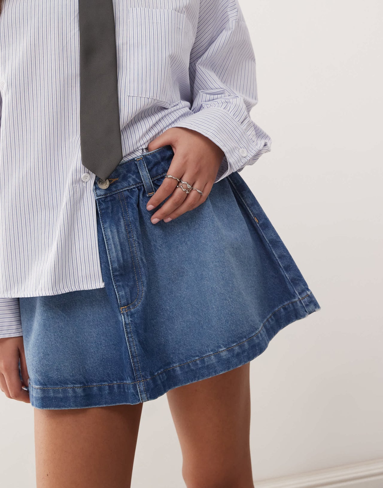 ASOS DESIGN gathered denim micro skirt in mid blue