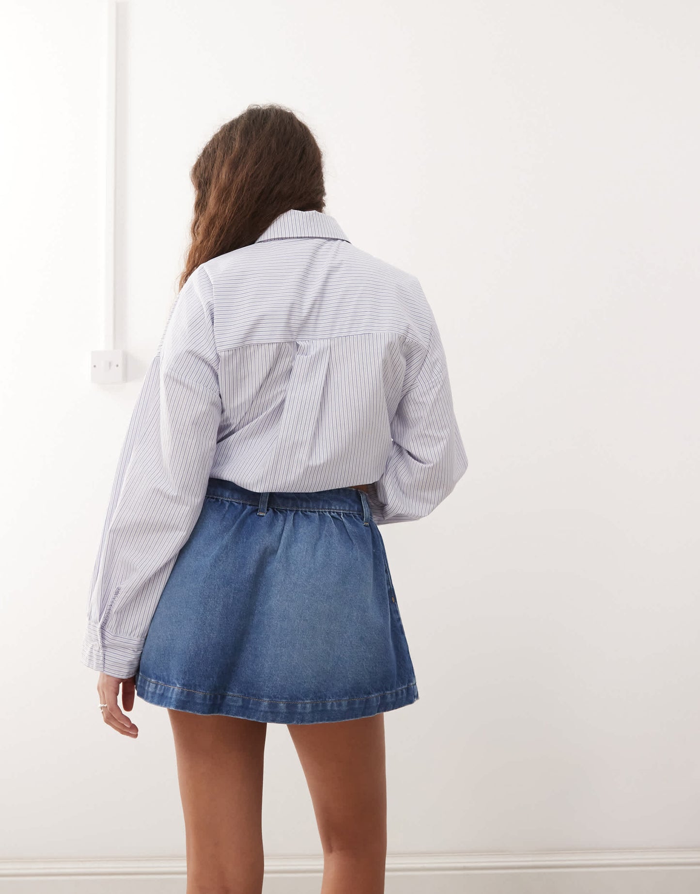 ASOS DESIGN gathered denim micro skirt in mid blue