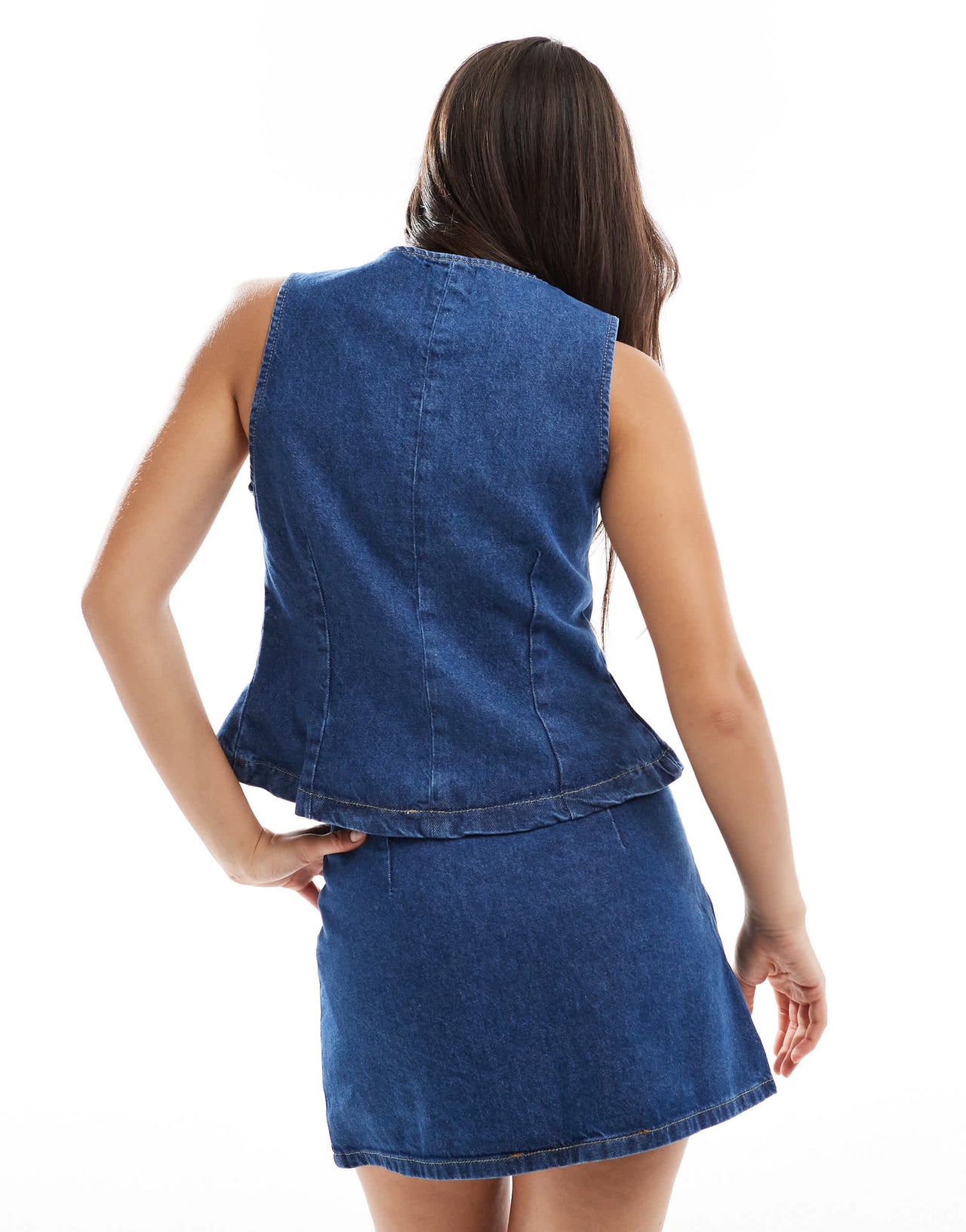 ASOS DESIGN asymmetric wrap front denim micro skirt with gold buttons co-ord in mid blue