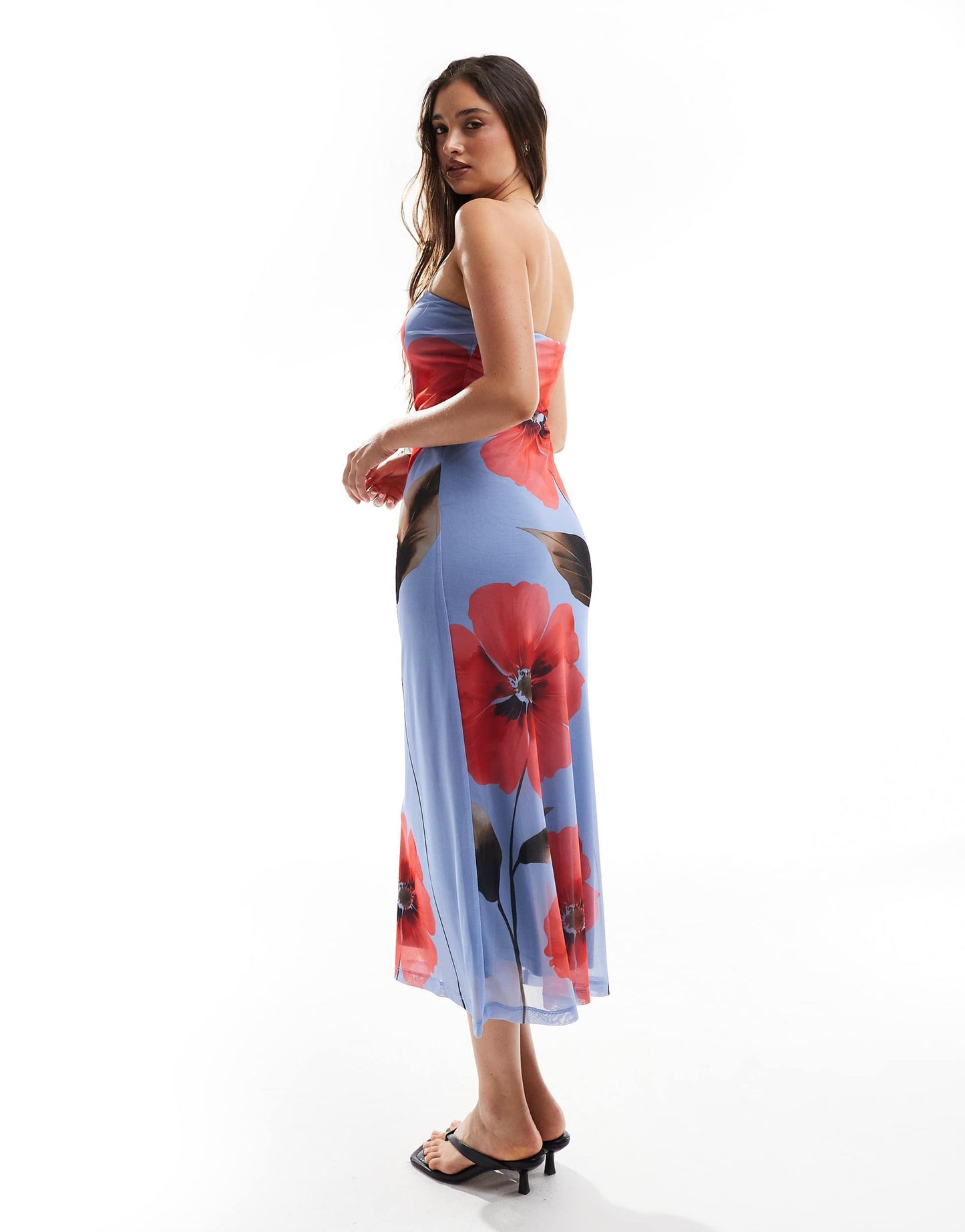 Stradivarius bandeau mesh midi dress in flower print