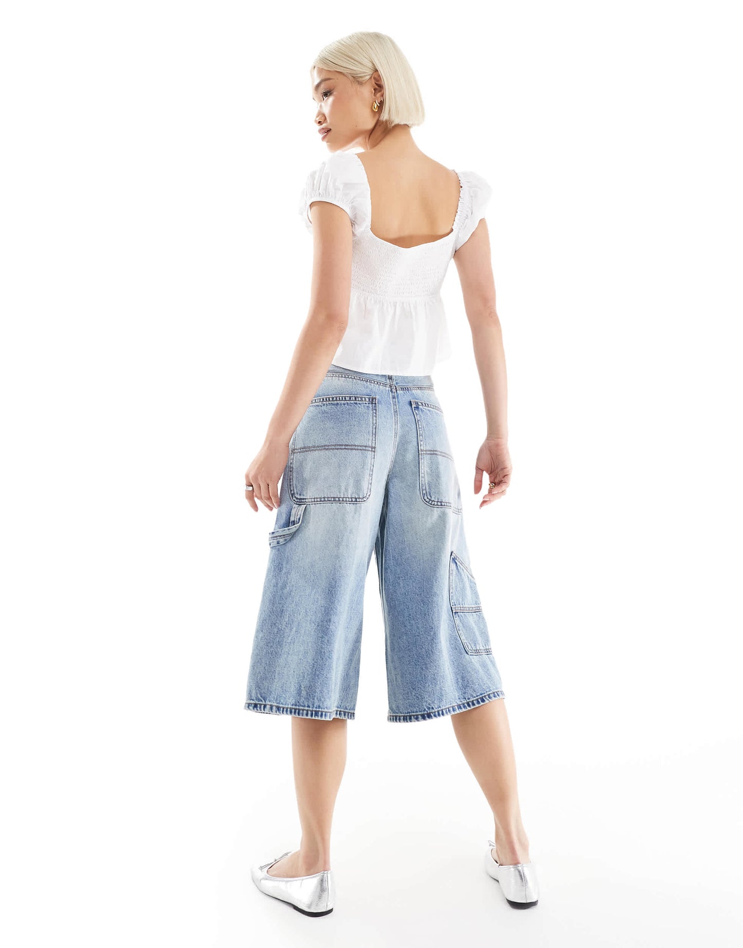 Stradivarius denim carpenter jort in medium blue