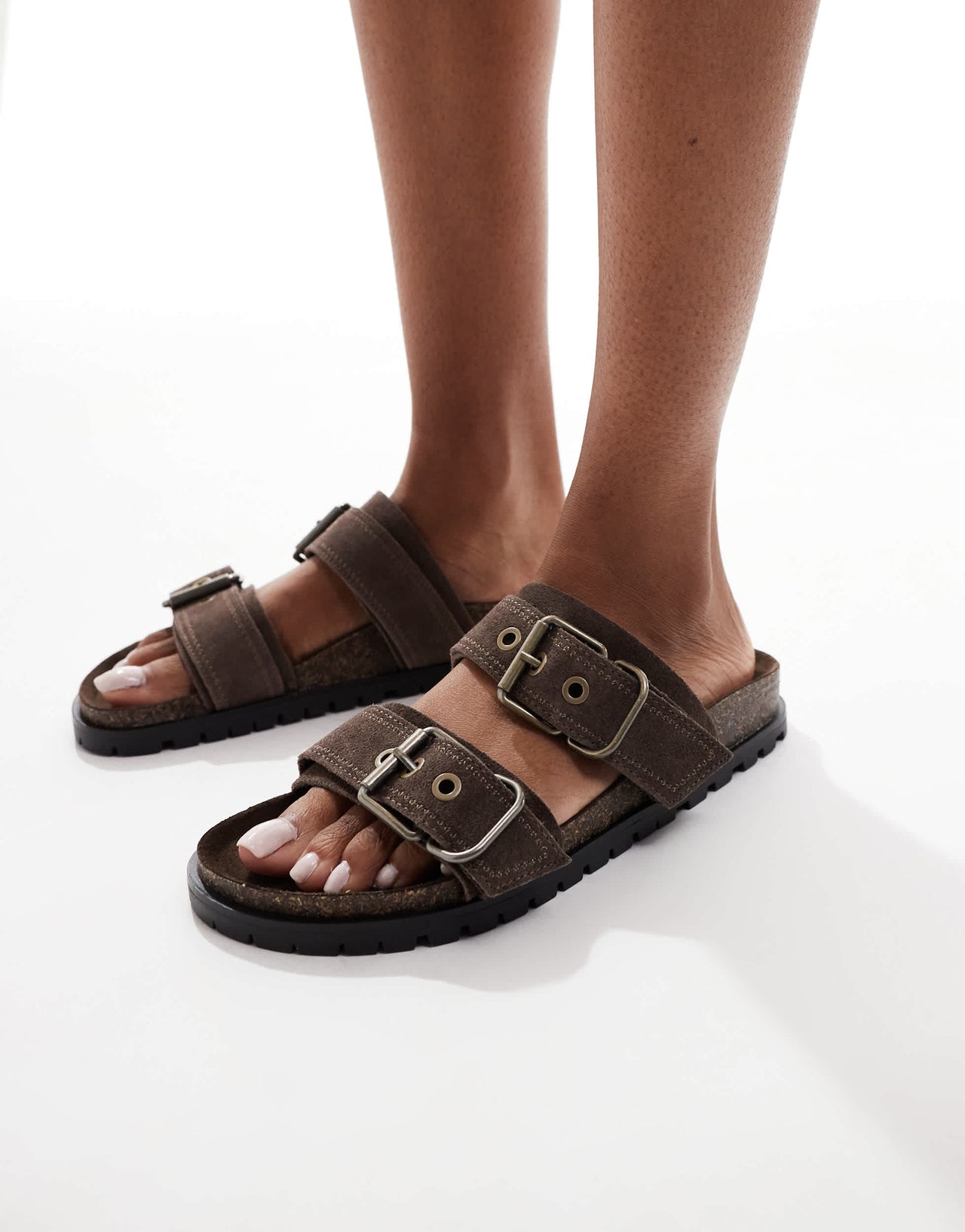 Stradivarius double strap flat leather sandal in dark brown