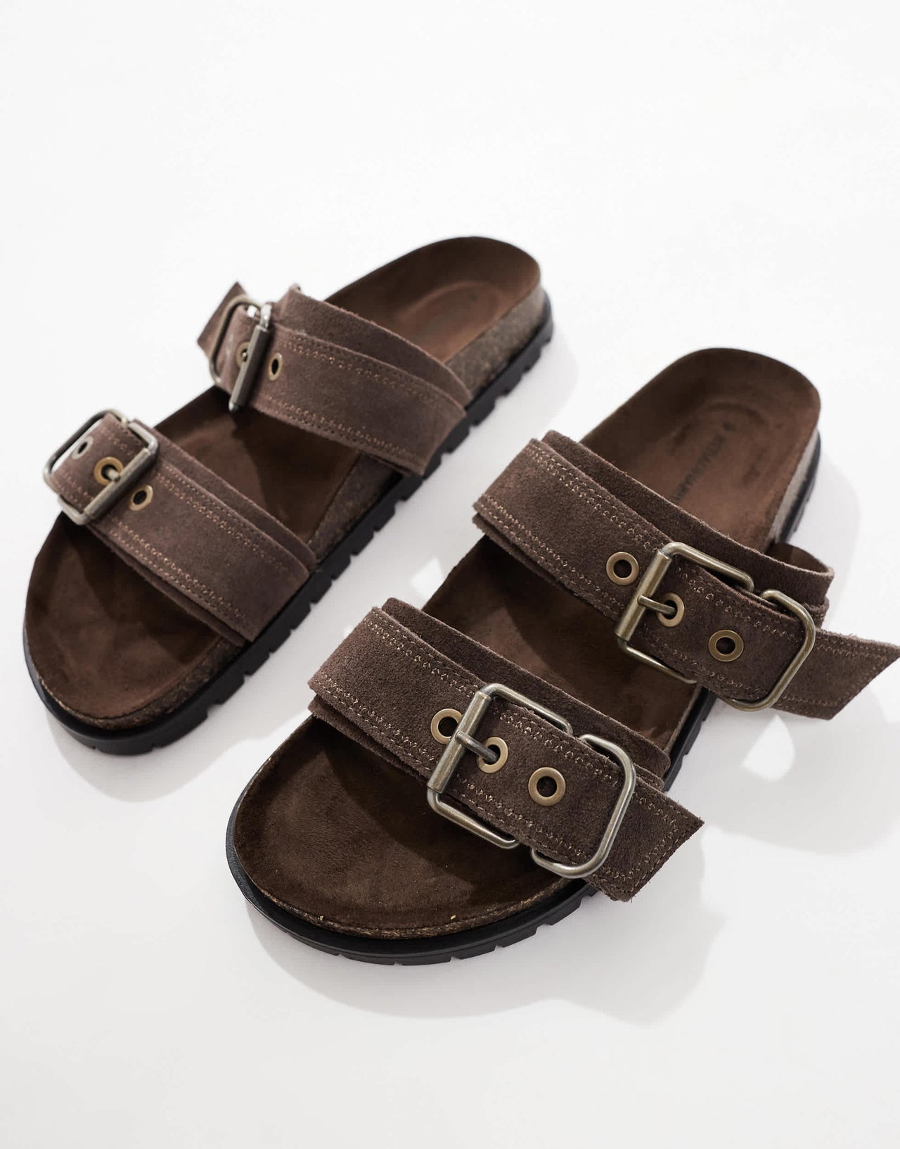 Stradivarius double strap flat leather sandal in dark brown