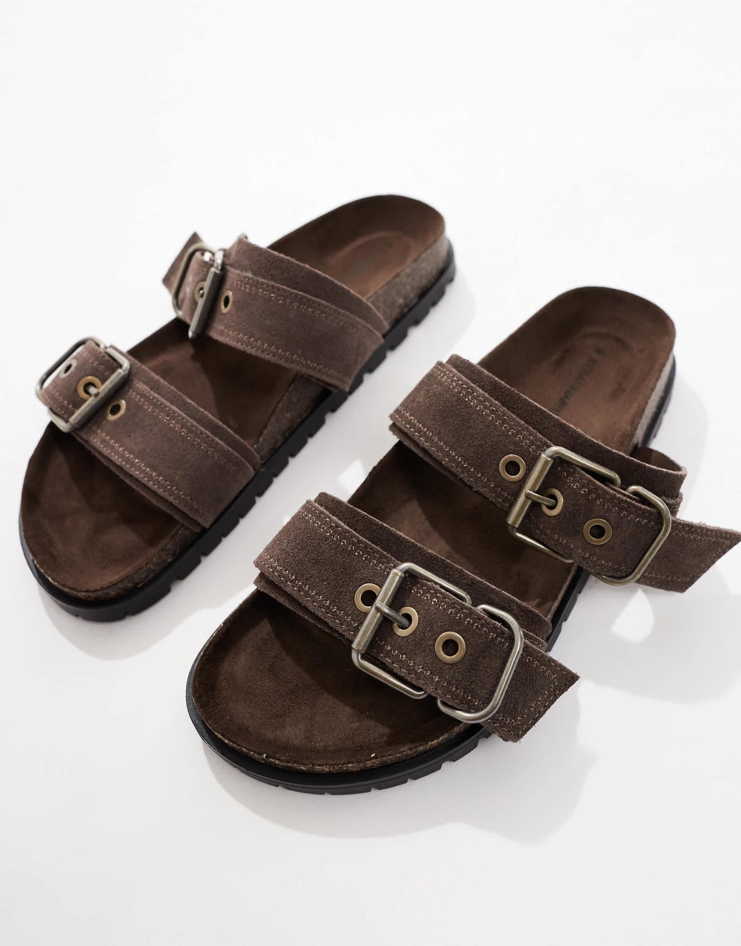 Stradivarius double strap flat leather sandal in dark brown