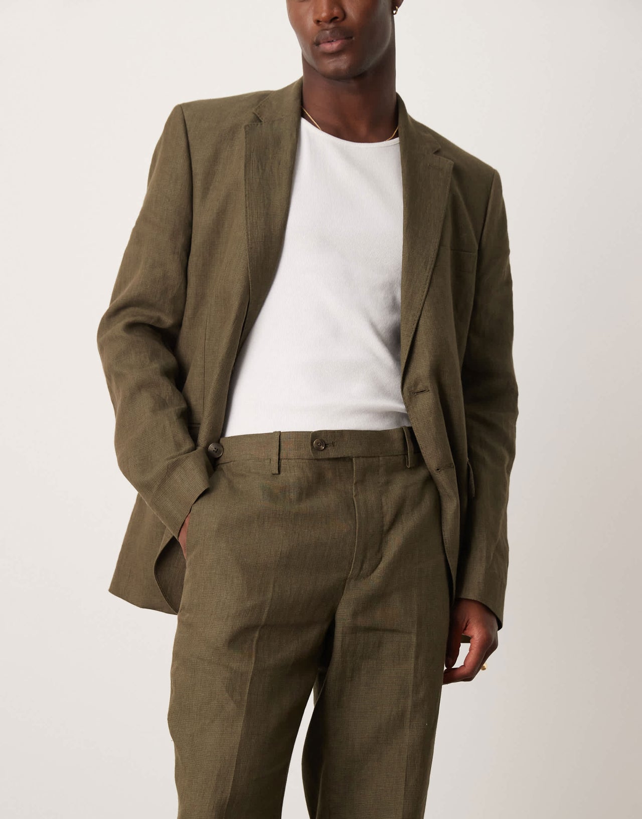 Mango slim fit linen suit trousers in green co-ord