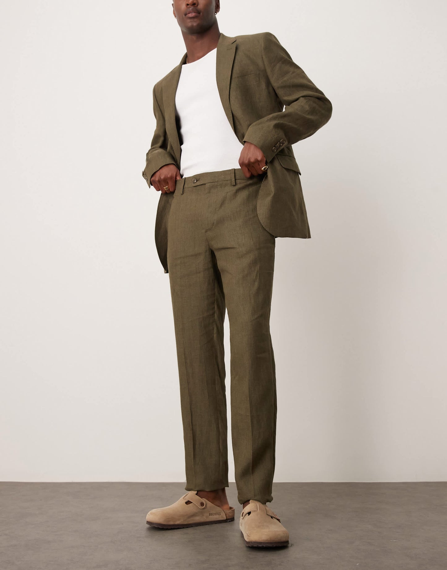 Mango slim fit linen suit trousers in green co-ord