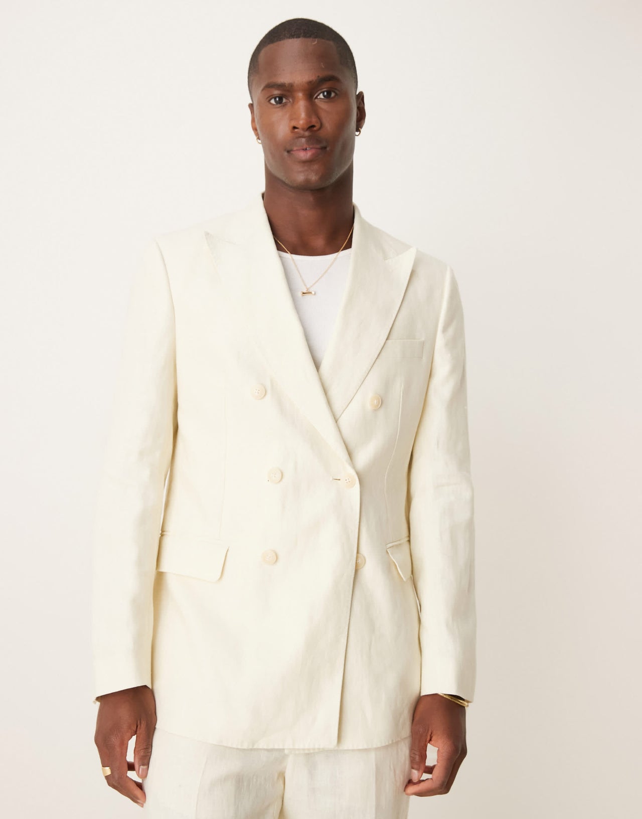 Mango slim fit double breasted linen suit blazer in ecru co-ord