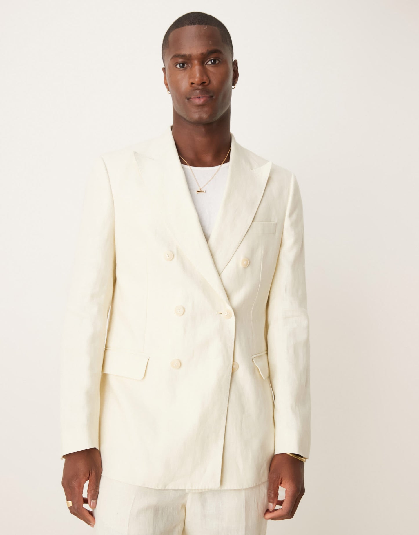 Mango slim fit double breasted linen suit blazer in ecru co-ord