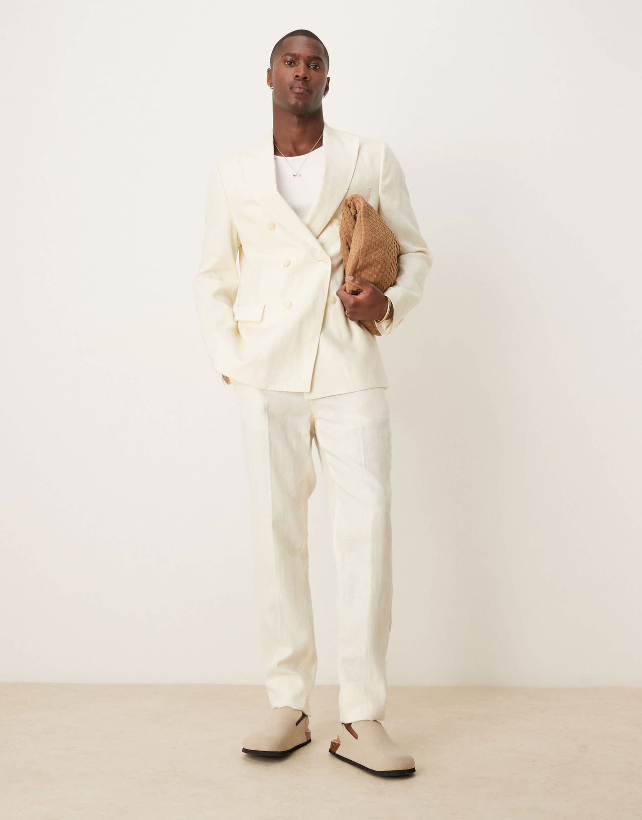 Mango slim fit double breasted linen suit blazer in ecru co-ord