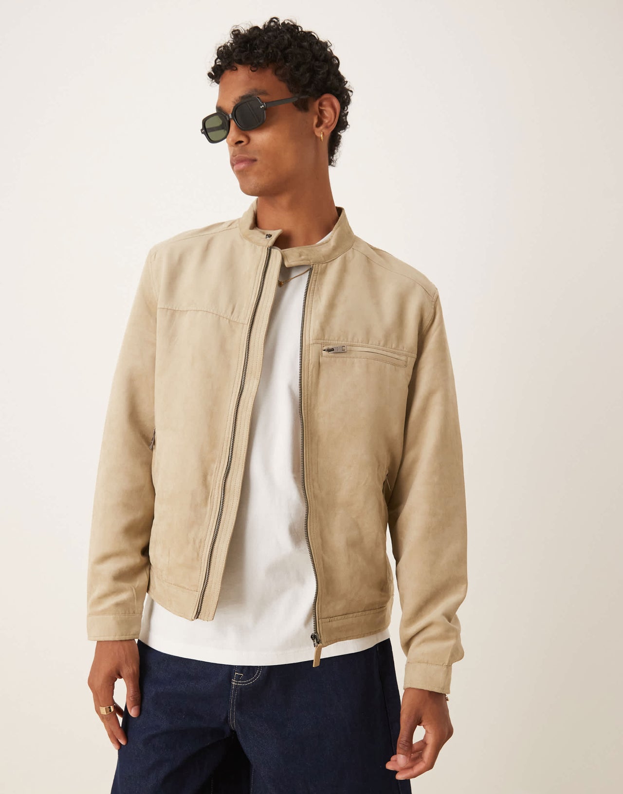Mango suede look biker jacket in beige