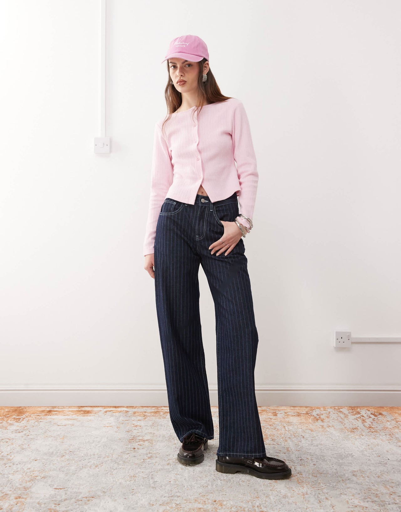 Reclaimed Vintage ribbed button through top in light pink