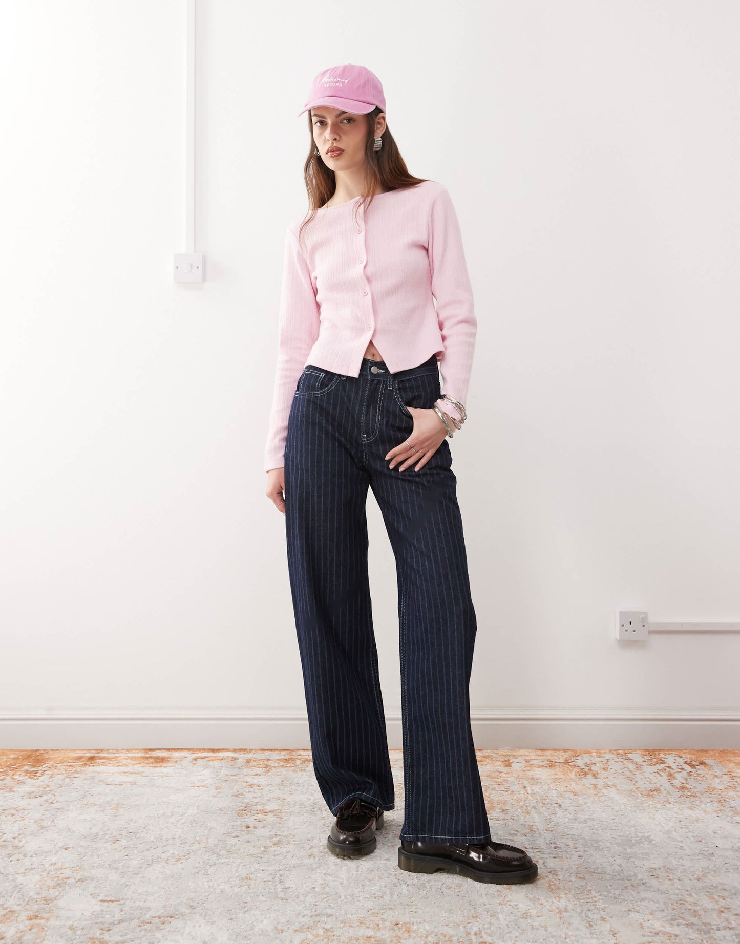 Reclaimed Vintage ribbed button through top in light pink