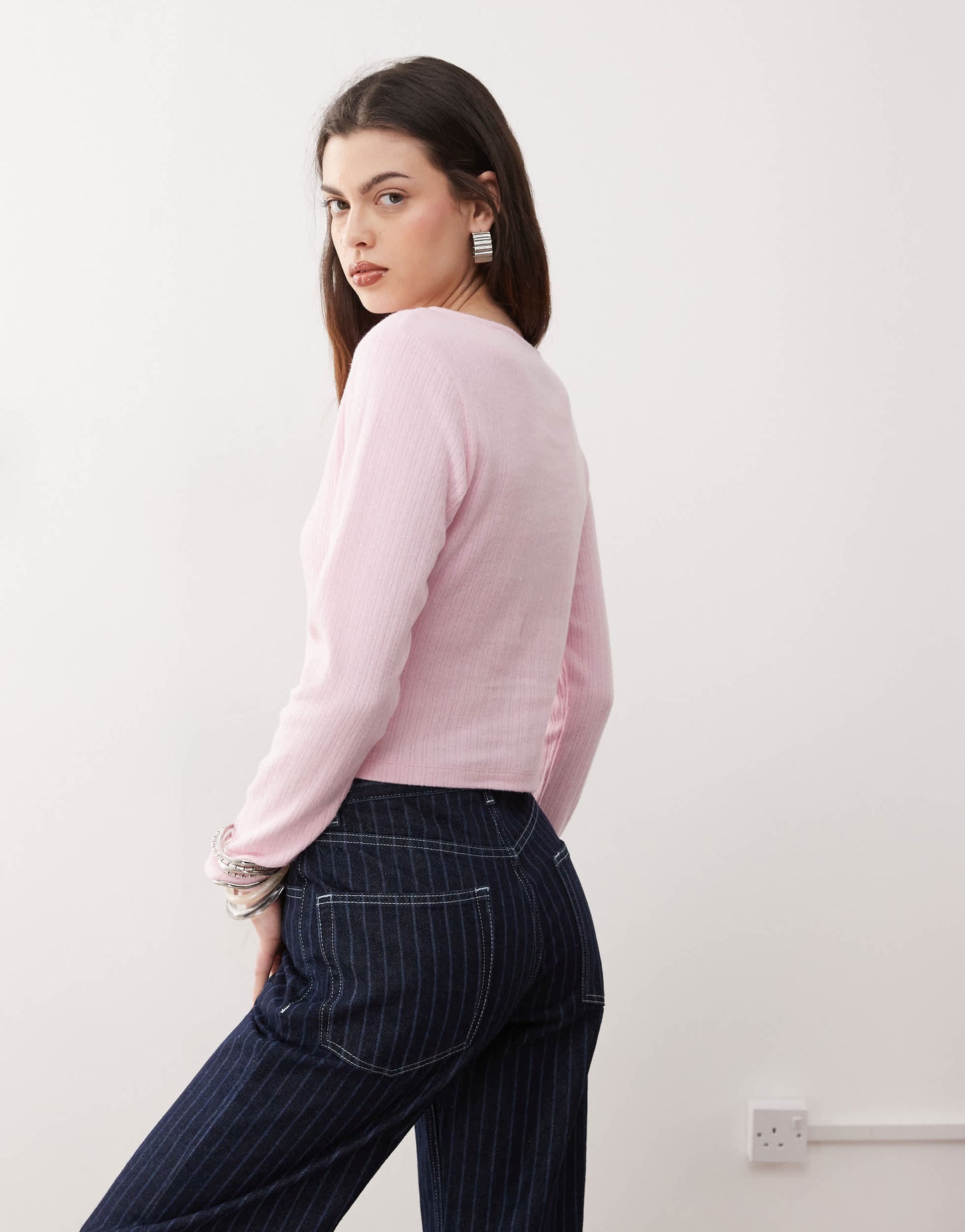 Reclaimed Vintage ribbed button through top in light pink