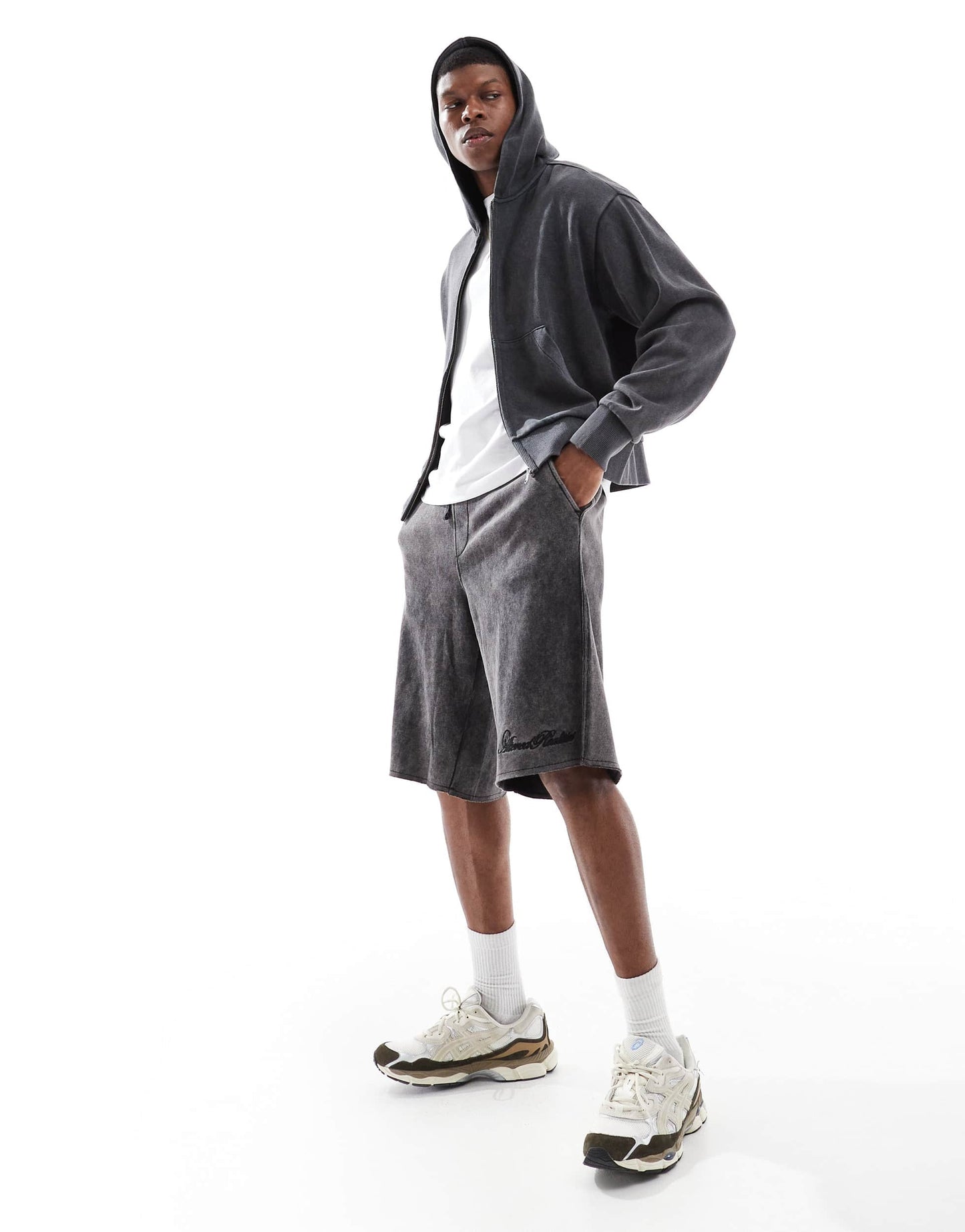 Bershka washed zip through hoodie co-ord in grey