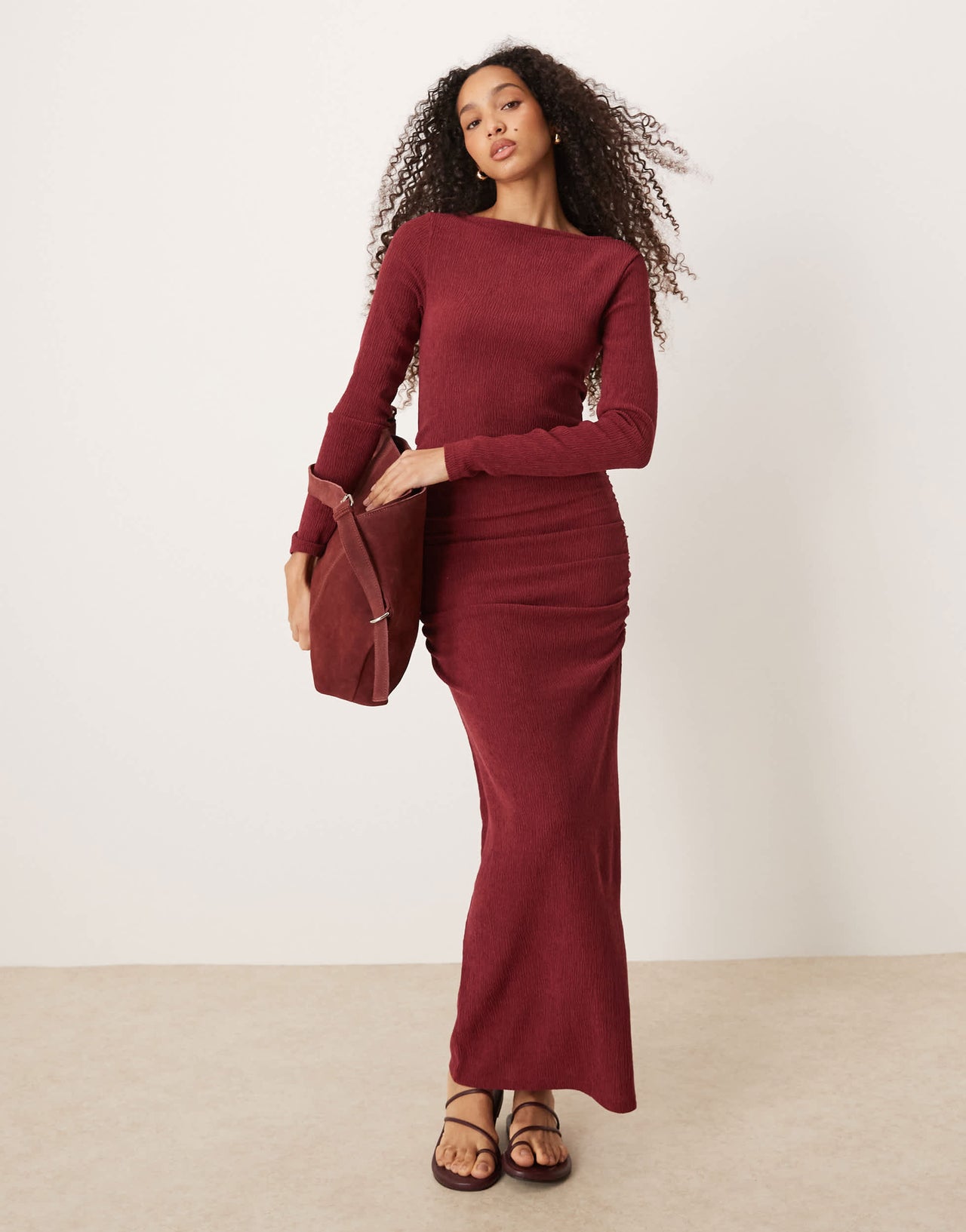ASOS DESIGN slash neck long sleeve ruched midi dress