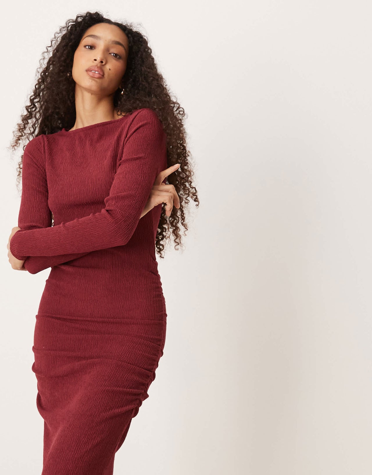 ASOS DESIGN slash neck long sleeve ruched midi dress