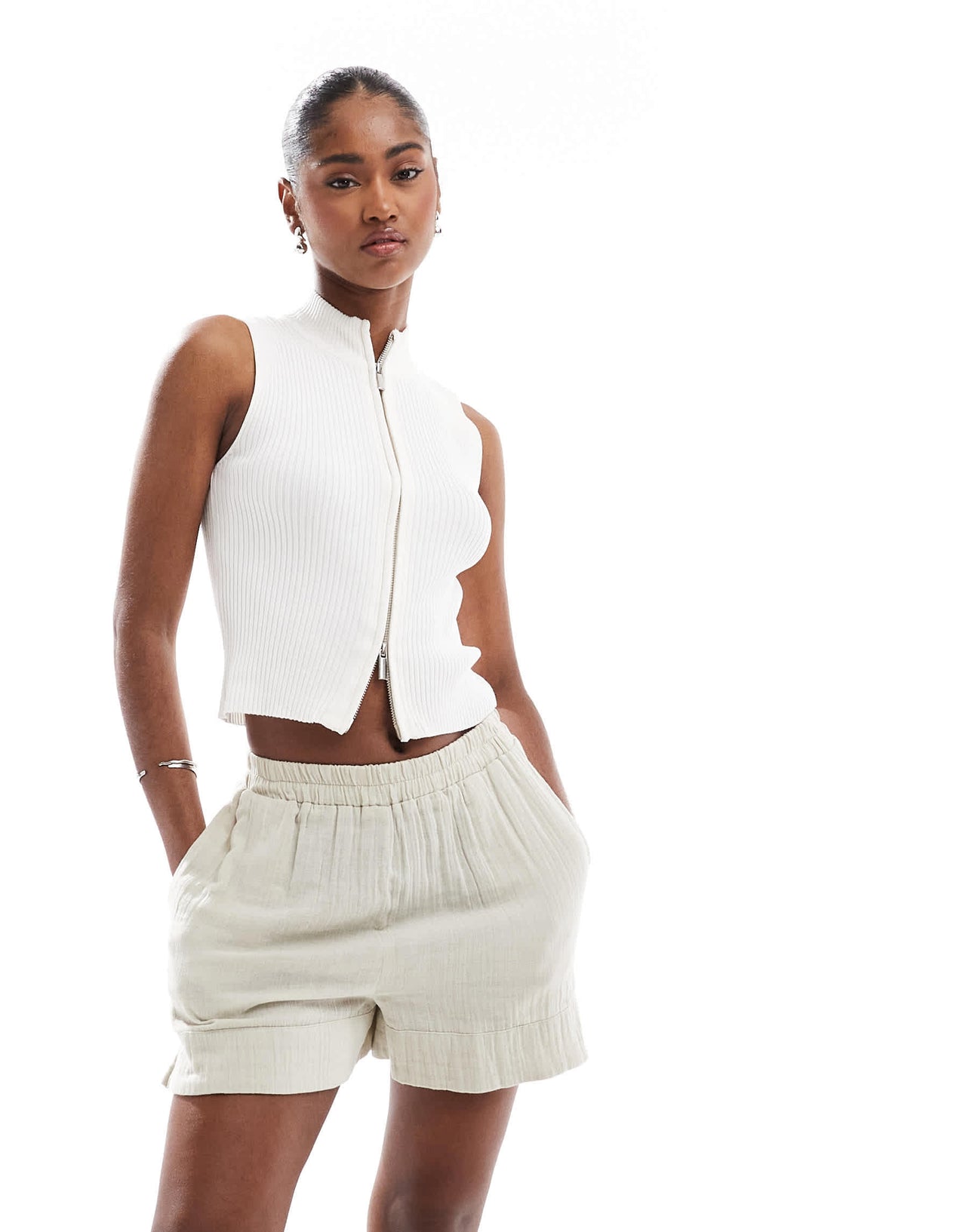 Brave Soul ribbed knitted waistcoat with zip in cream