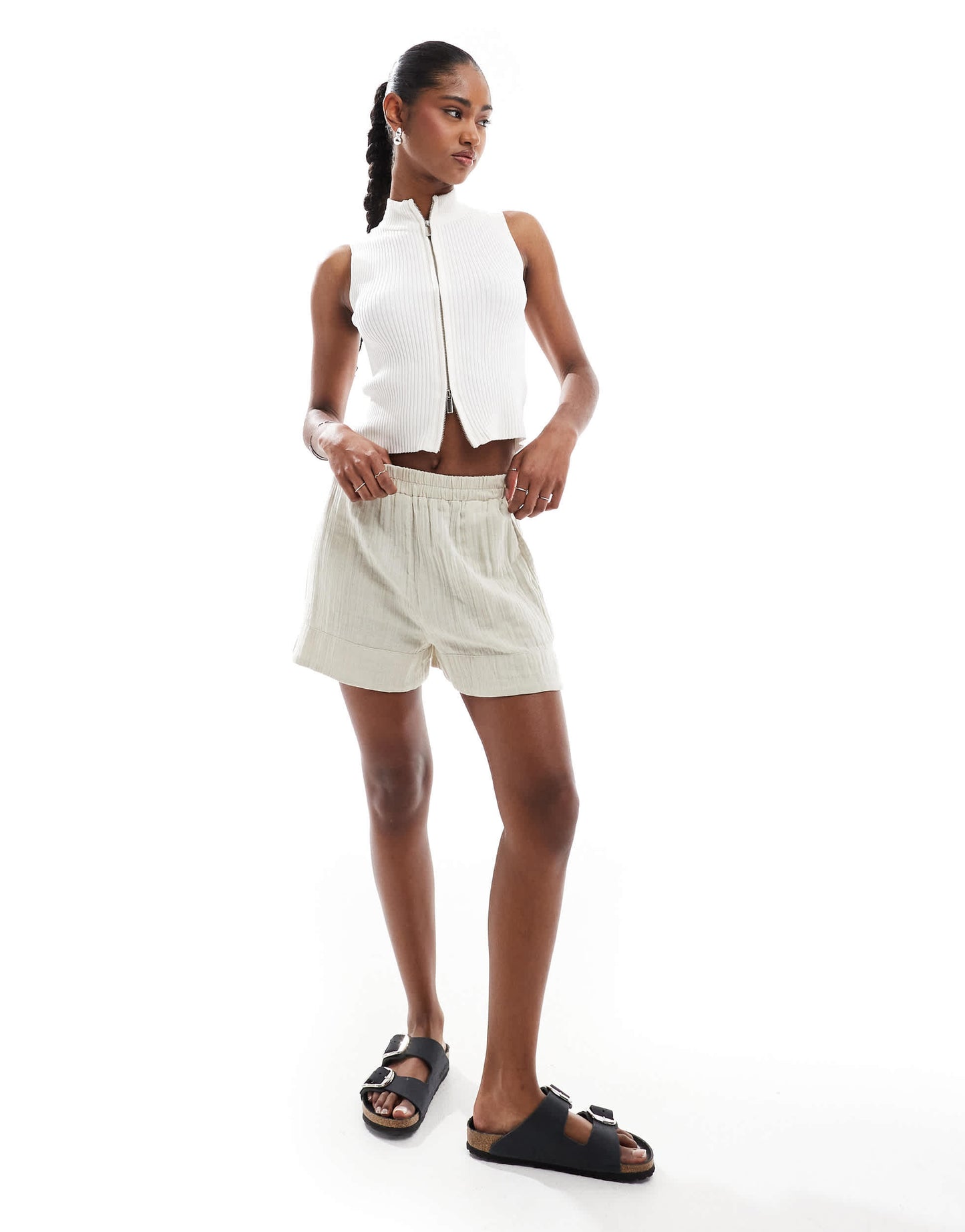 Brave Soul ribbed knitted waistcoat with zip in cream