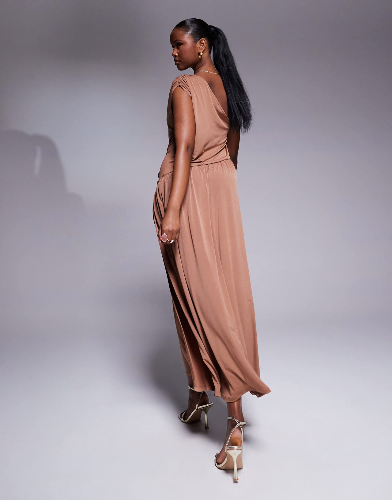 ASOS DESIGN one shoulder with ruching detail and side split maxi dress in mauve
