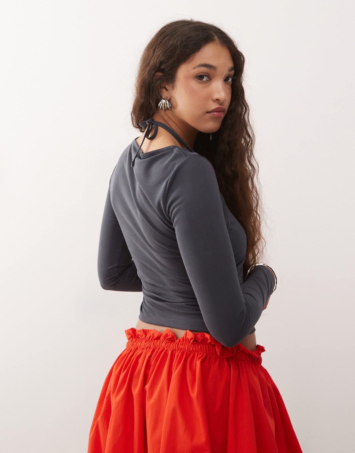 ASOS DESIGN double layer top with ruched halter in charcoal