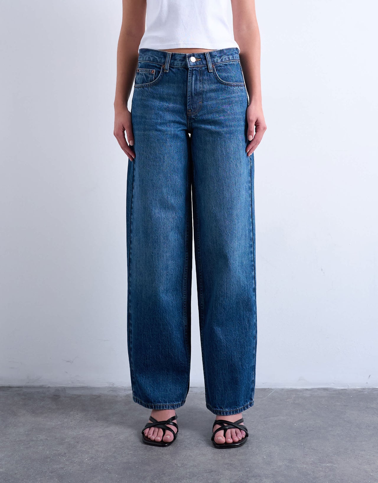 Topshop Cinch low rise jeans in dark stone wash