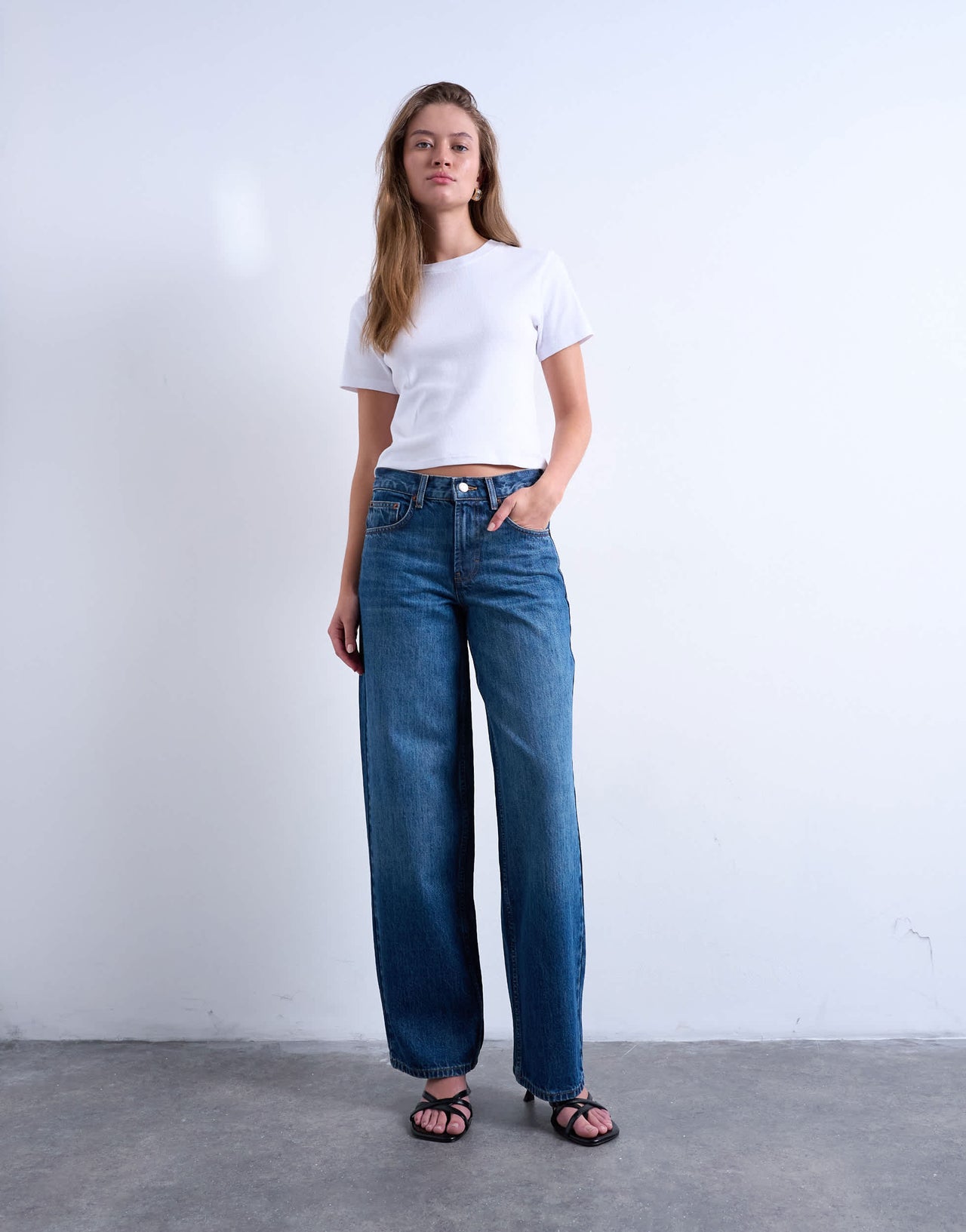 Topshop Cinch low rise jeans in dark stone wash