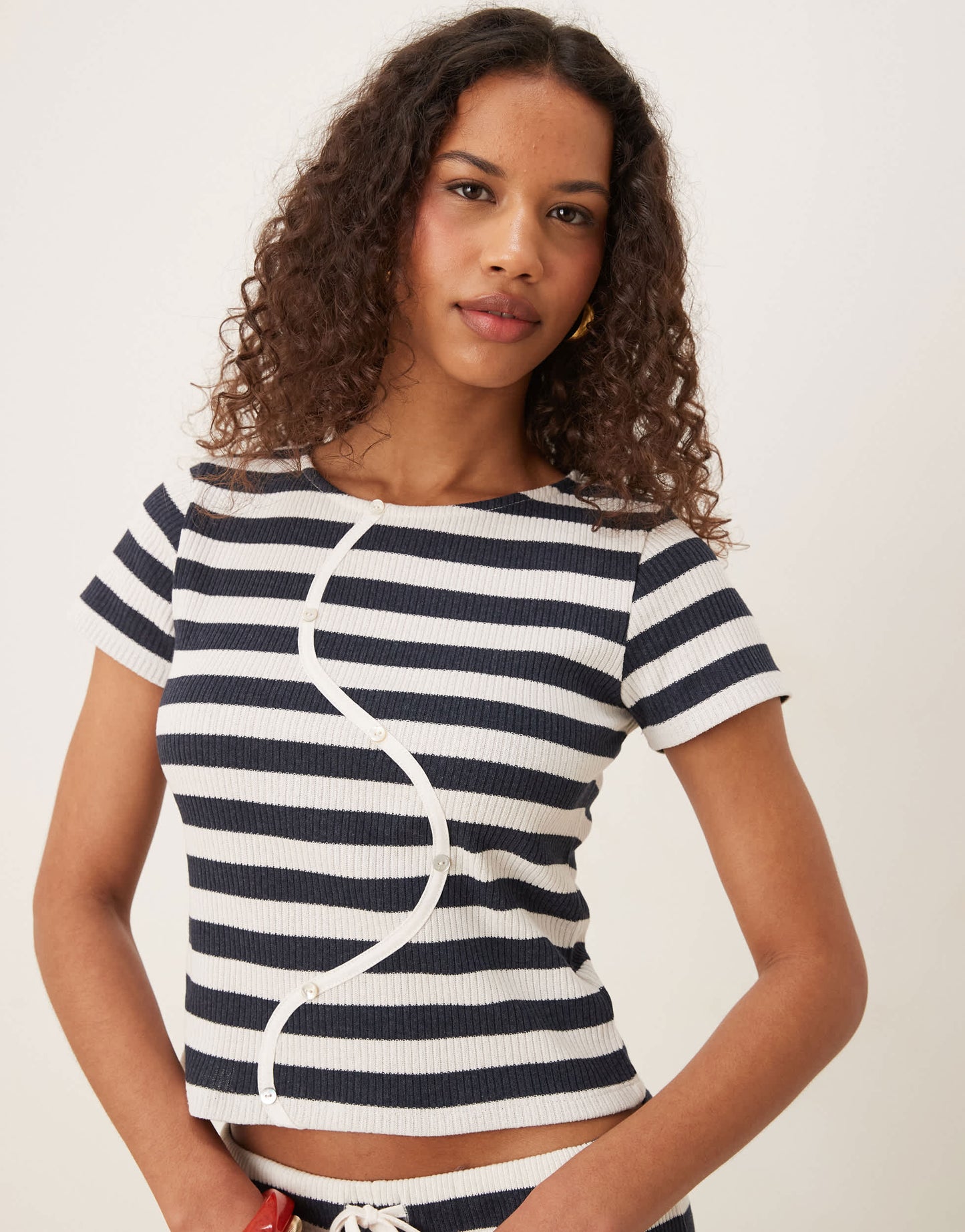 ASOS DESIGN baby tee with button detail co-ord in navy and white stripe