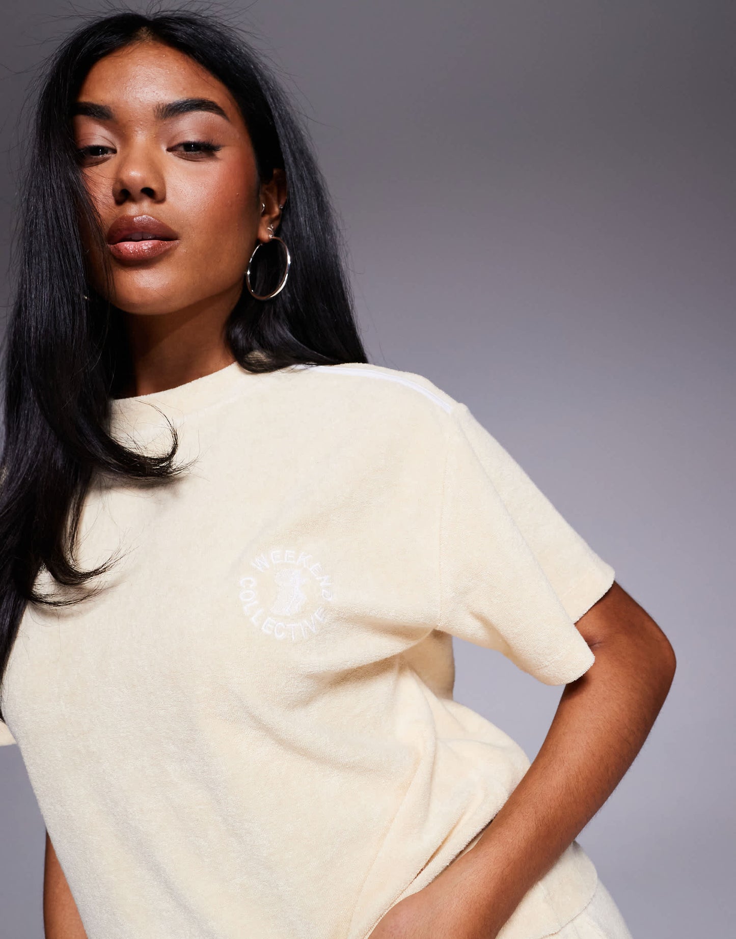 Weekend Collective co-ord t-shirt with towelling in buttermilk