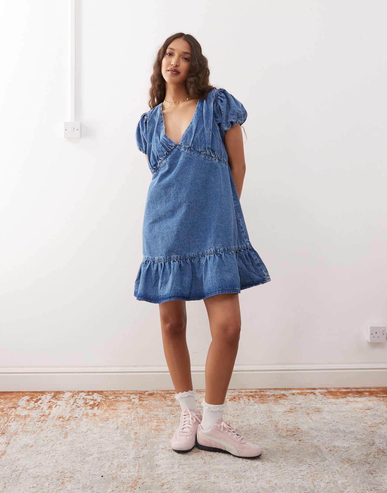 Reclaimed Vintage denim smock mini dress with puff sleeves in midwash blue
