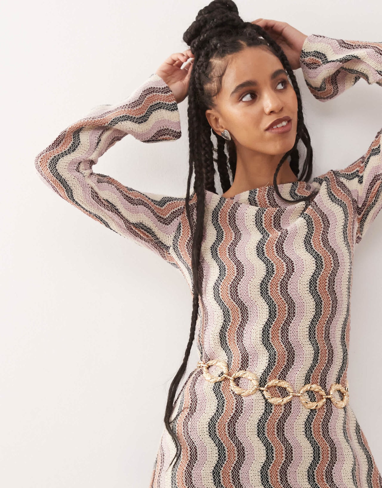Reclaimed Vintage stripe crochet flare sleeve festival mini dress in multi stripe