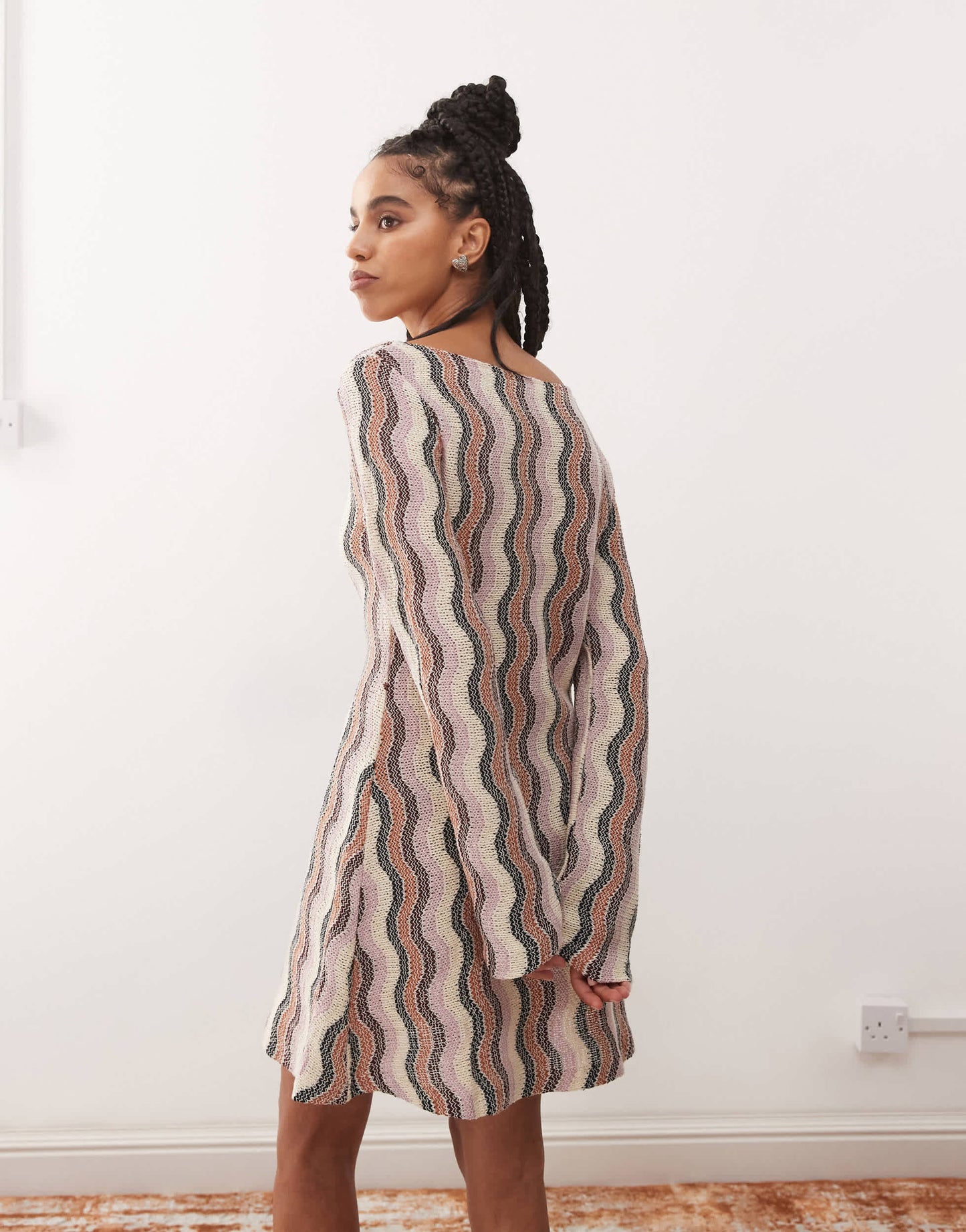Reclaimed Vintage stripe crochet flare sleeve festival mini dress in multi stripe