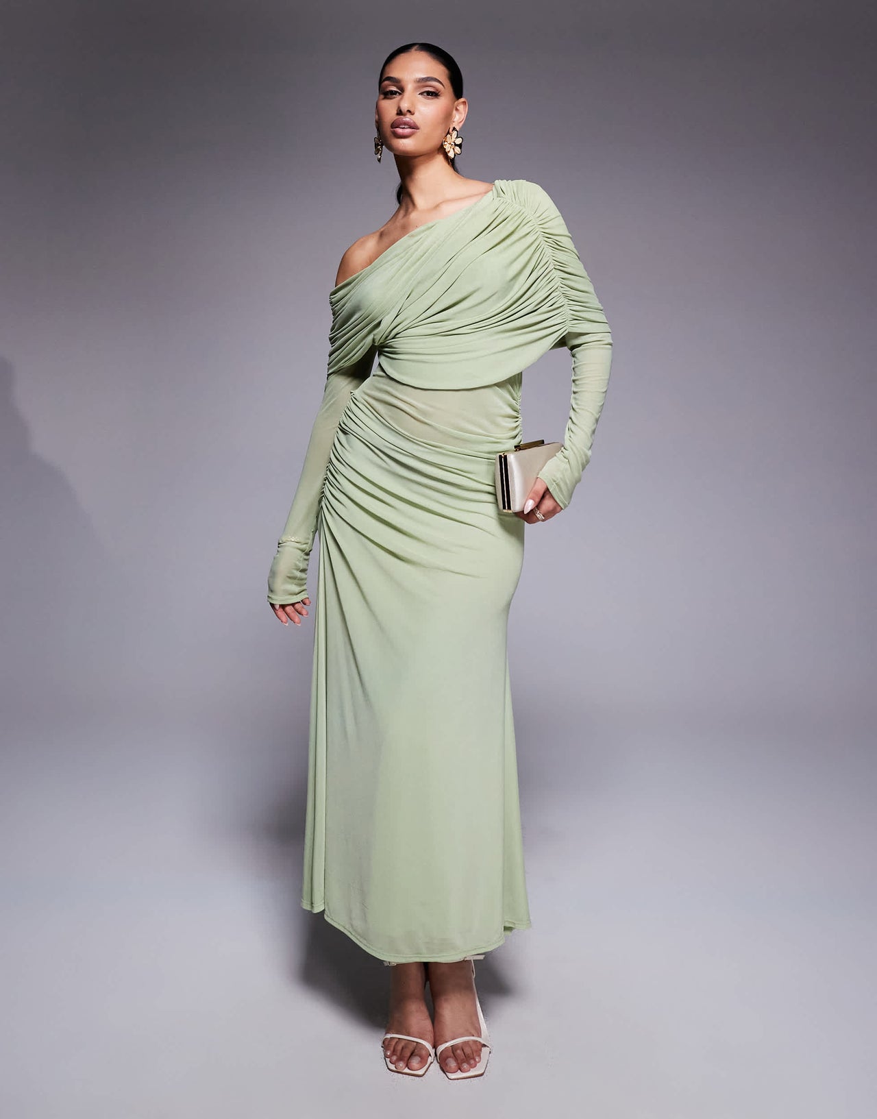 ASOS DESIGN long sleeve slouchy bardot mesh mix maxi dress in sage green - LGREEN