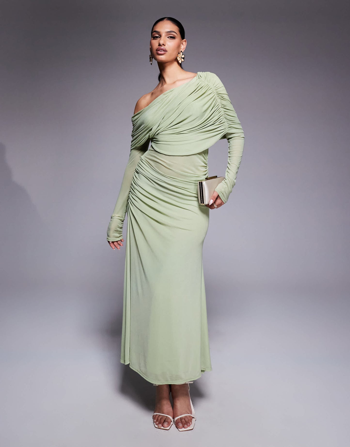 ASOS DESIGN long sleeve slouchy bardot mesh mix maxi dress in sage green - LGREEN