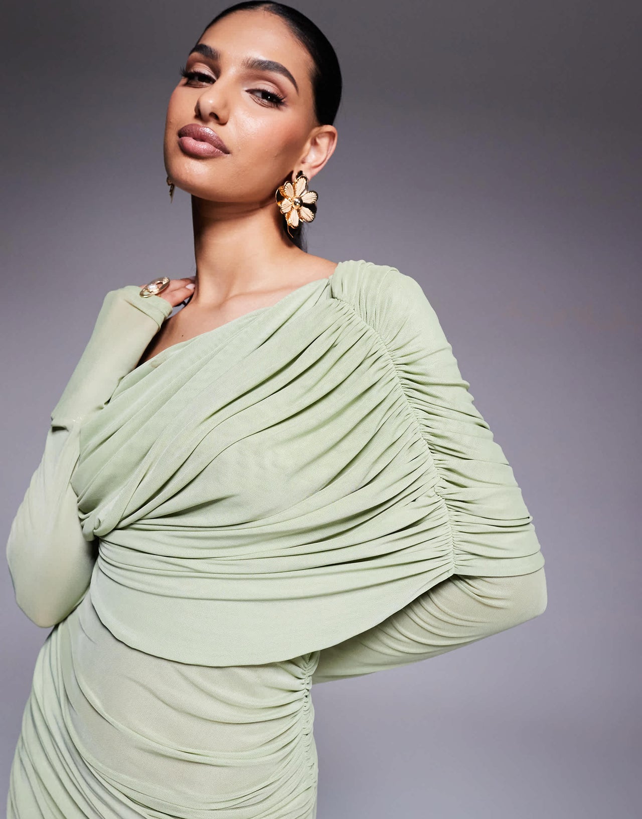 ASOS DESIGN long sleeve slouchy bardot mesh mix maxi dress in sage green - LGREEN