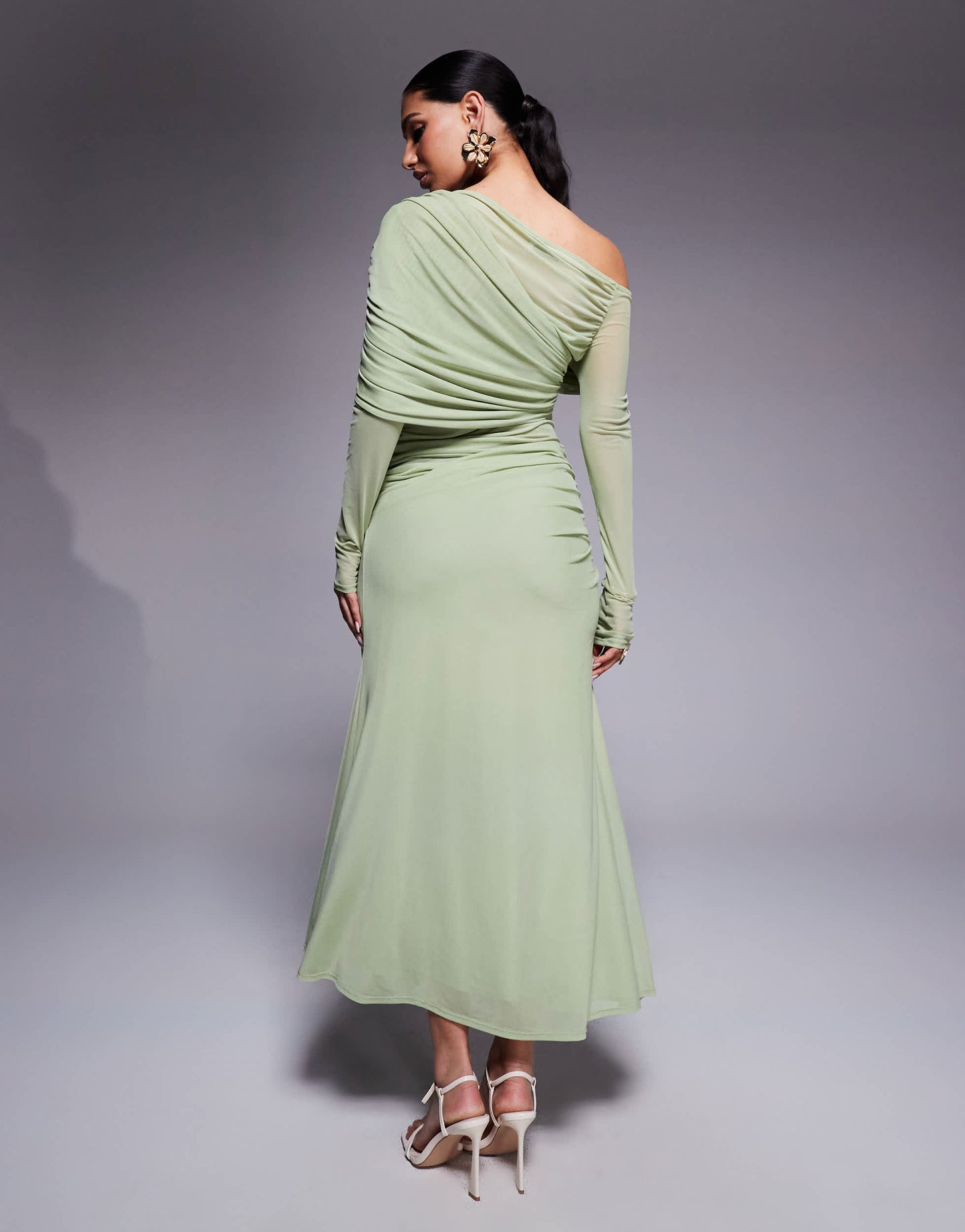 ASOS DESIGN long sleeve slouchy bardot mesh mix maxi dress in sage green - LGREEN