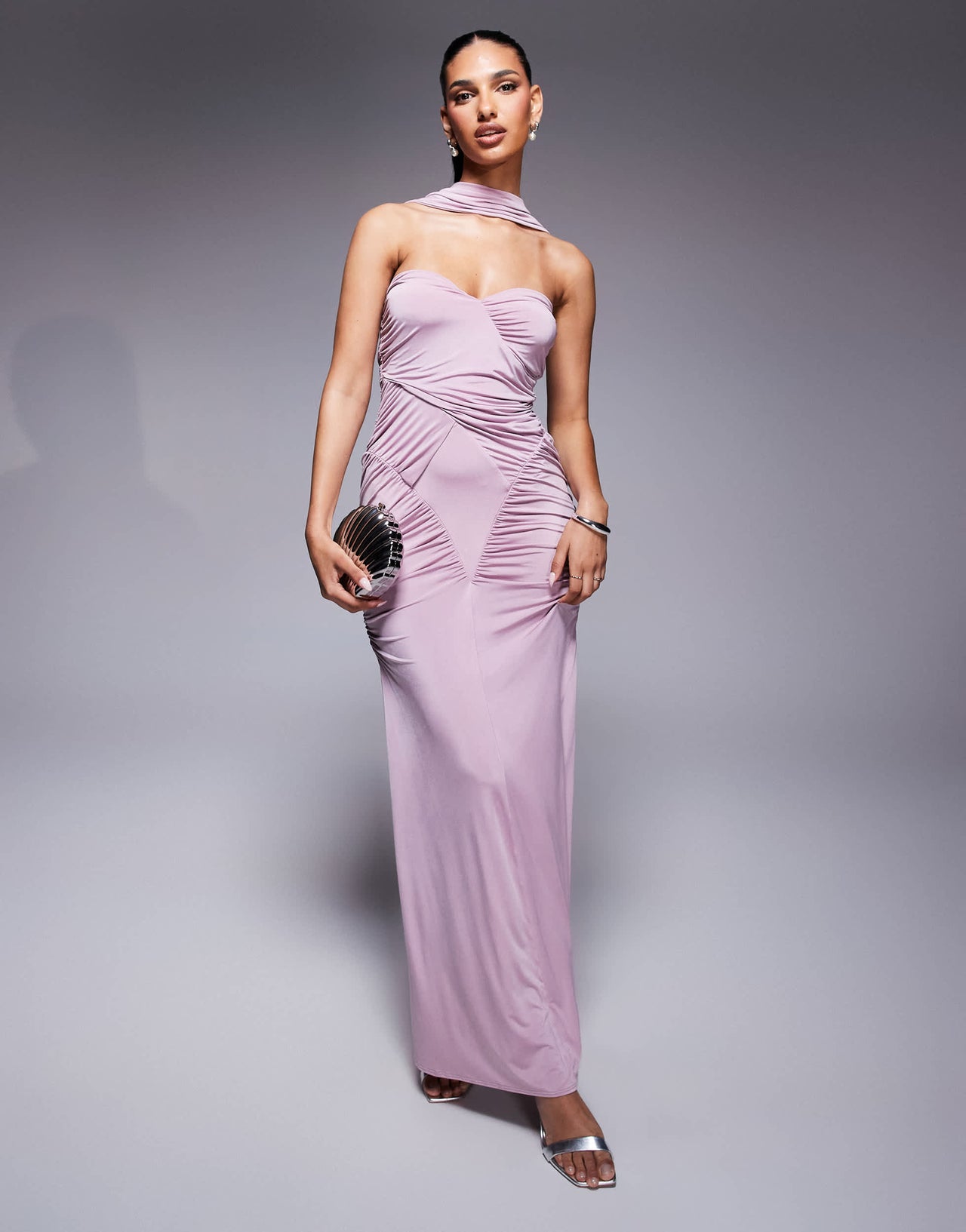 ASOS DESIGN slinky bandeau ruched maxi dress with neck tie in lilac