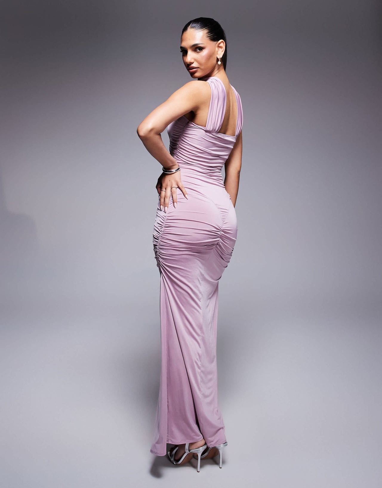 ASOS DESIGN slinky bandeau ruched maxi dress with neck tie in lilac