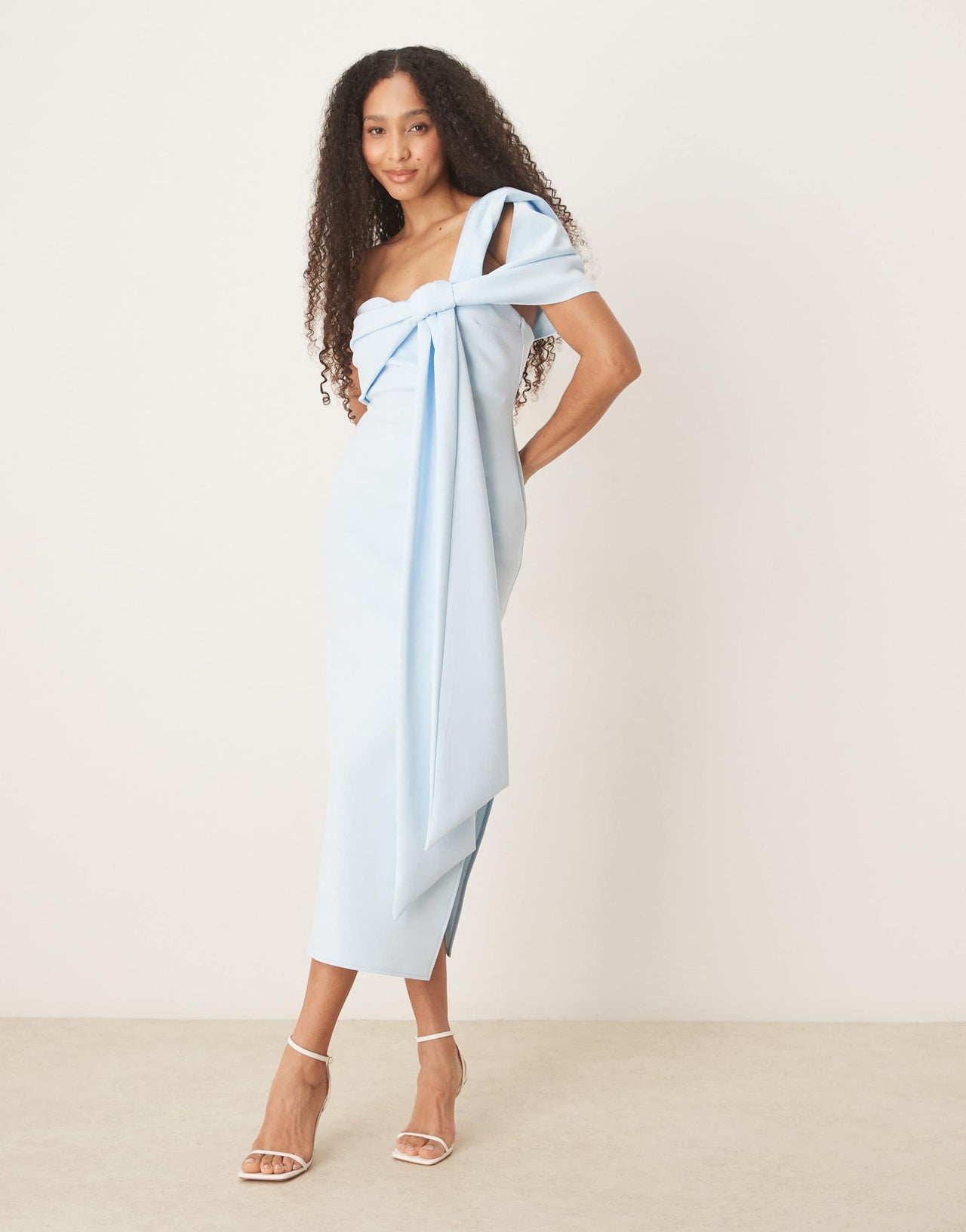 ASOS DESIGN  off shoulder bow detail midi dress in light blue in scuba-style fabric