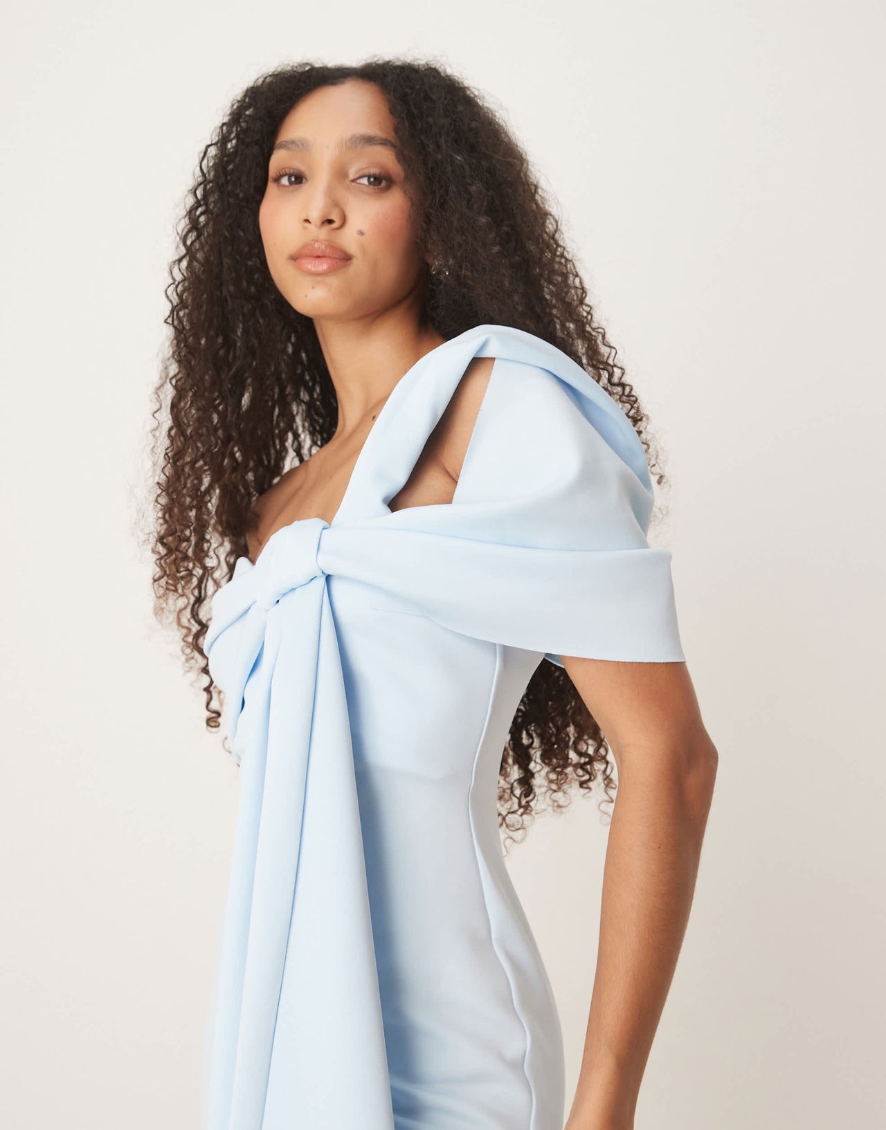 ASOS DESIGN  off shoulder bow detail midi dress in light blue in scuba-style fabric