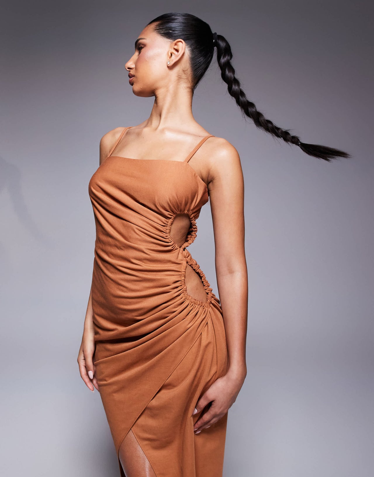 ASOS DESIGN linen look drapey cami midi dress with channelled cut out detail in rust