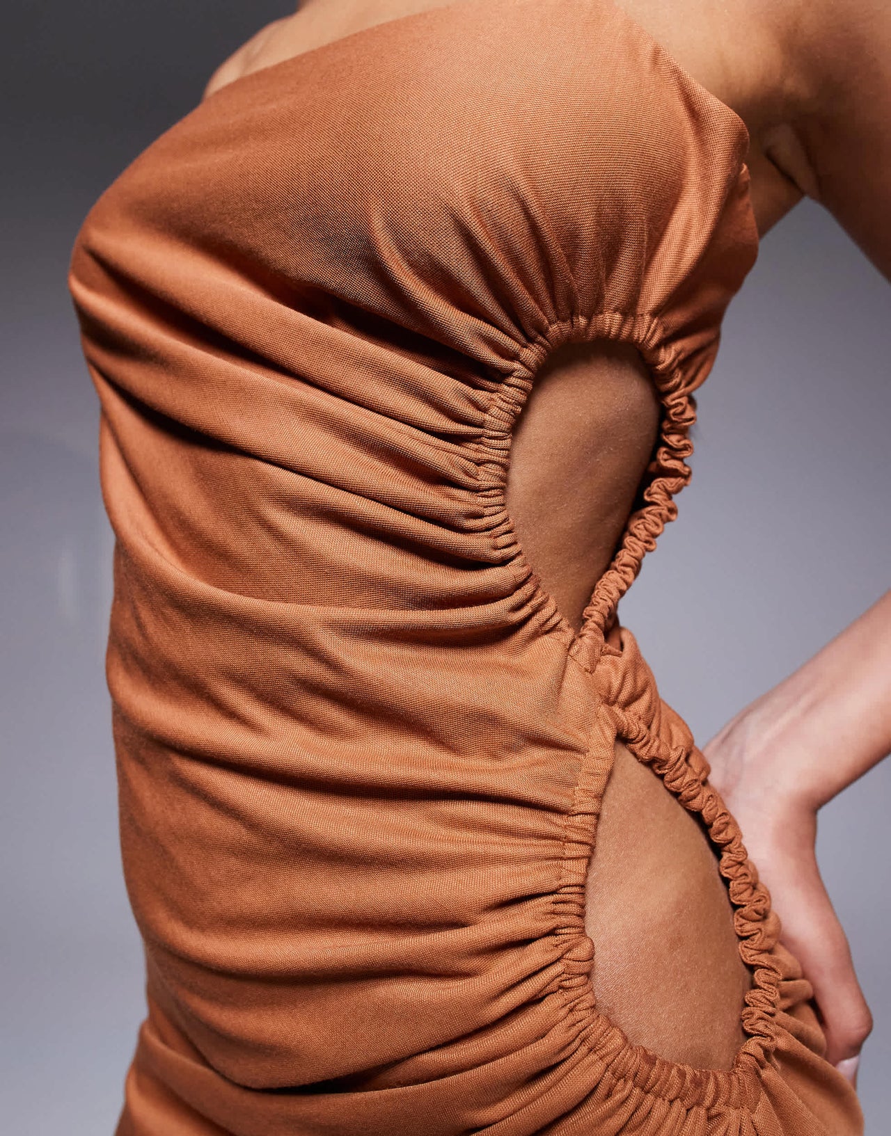 ASOS DESIGN linen look drapey cami midi dress with channelled cut out detail in rust
