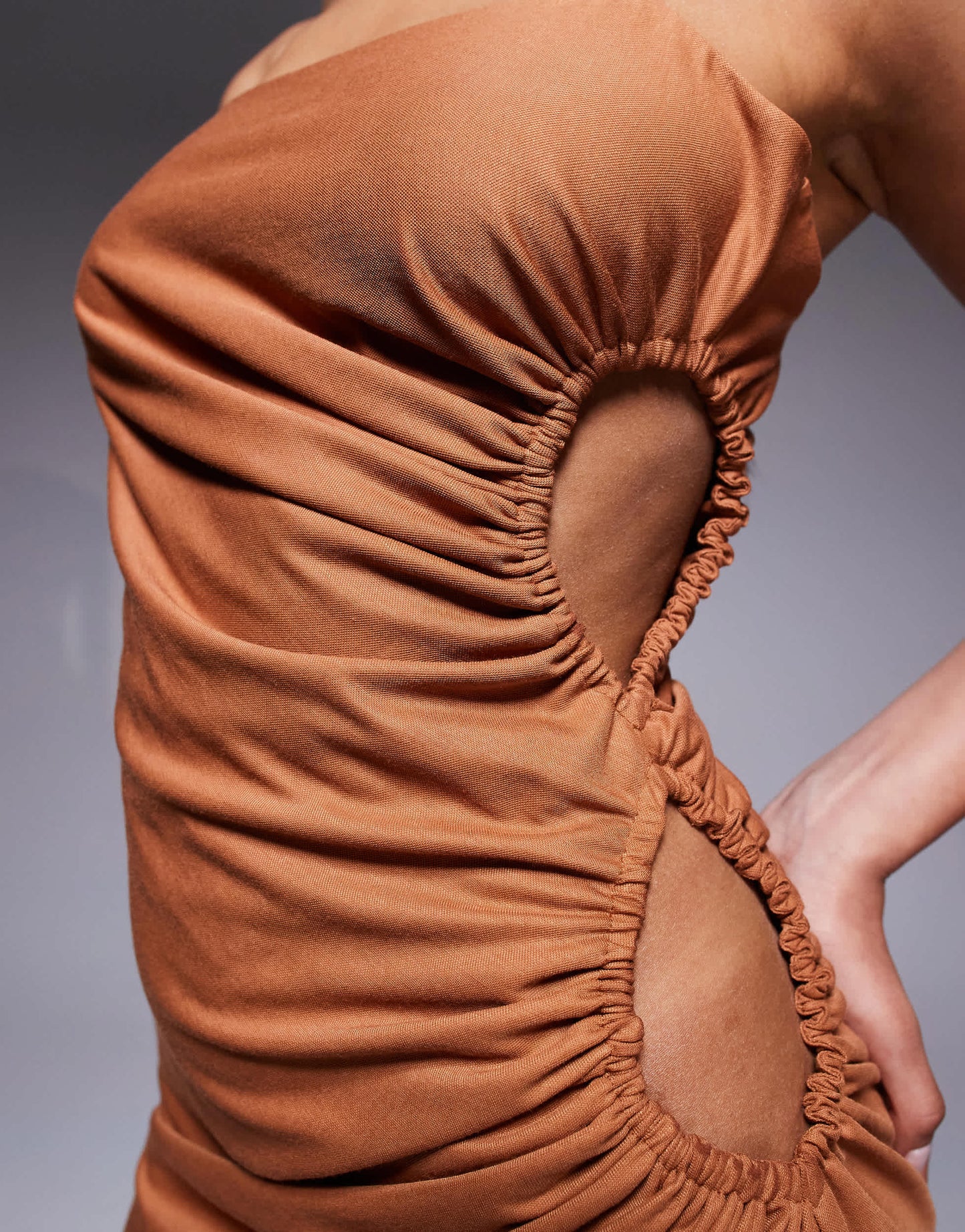 ASOS DESIGN linen look drapey cami midi dress with channelled cut out detail in rust