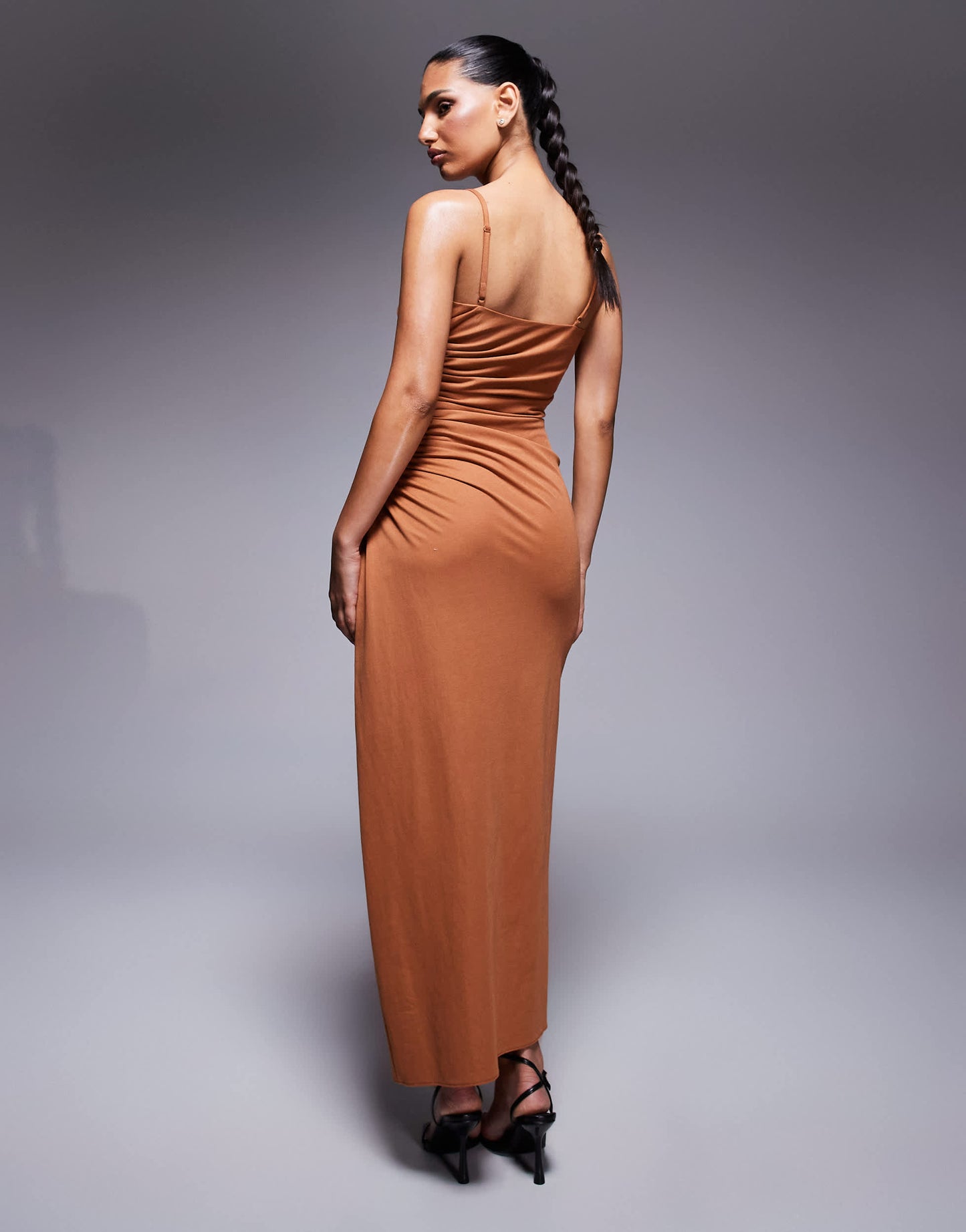 ASOS DESIGN linen look drapey cami midi dress with channelled cut out detail in rust