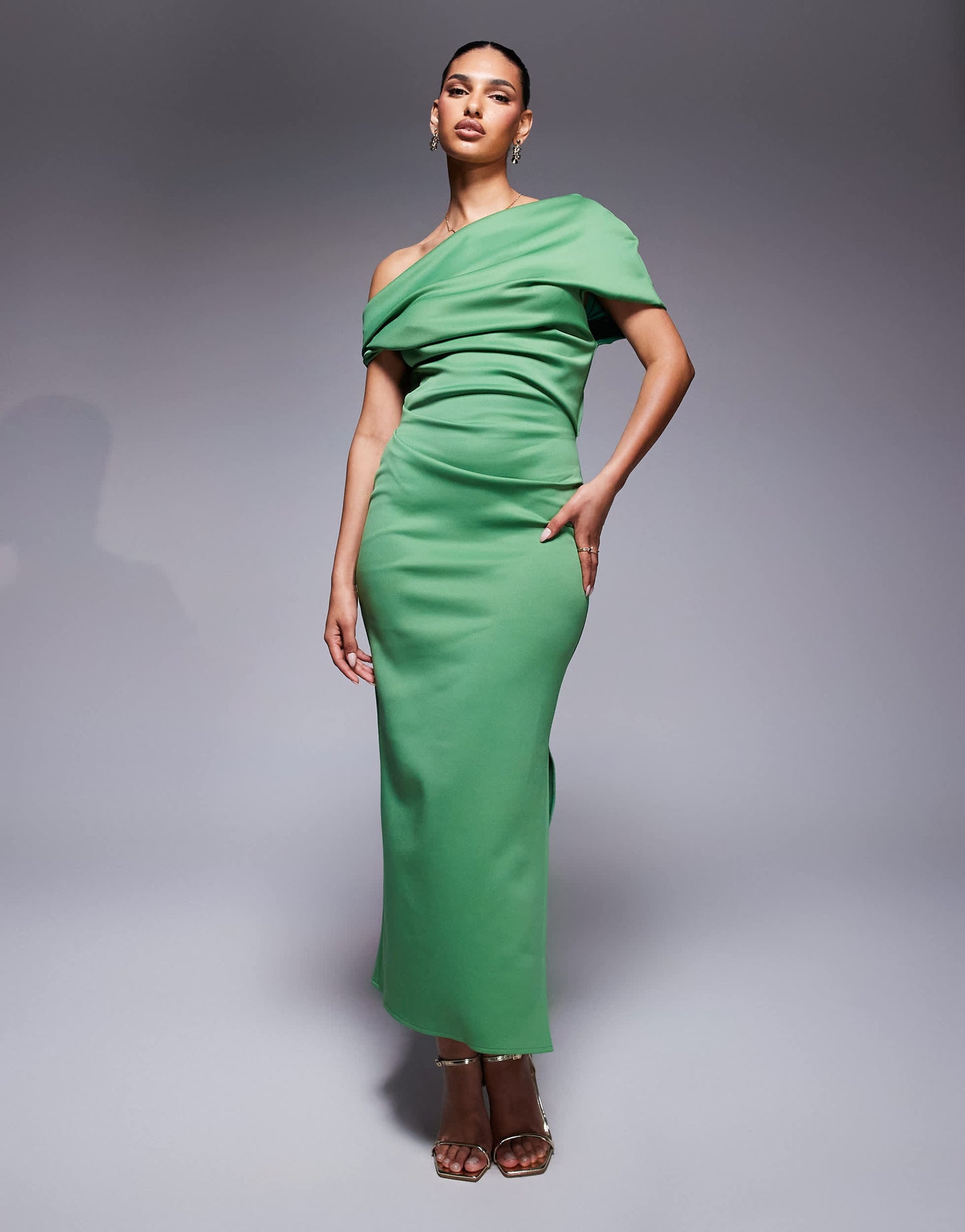 ASOS DESIGN structured  midi dress with fallen shoulder in green in scuba-style fabric