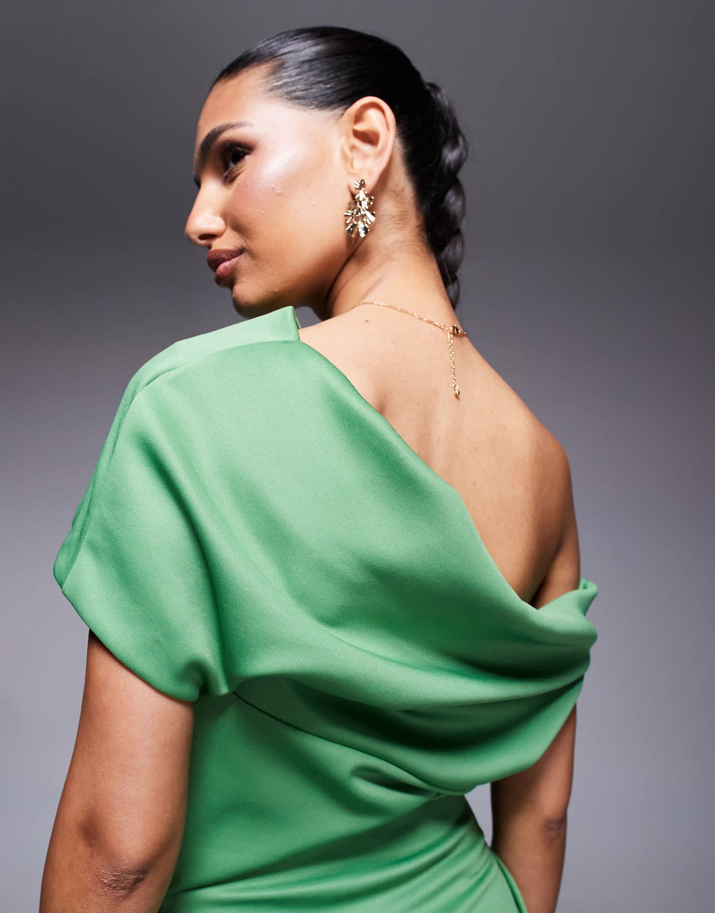ASOS DESIGN structured  midi dress with fallen shoulder in green in scuba-style fabric