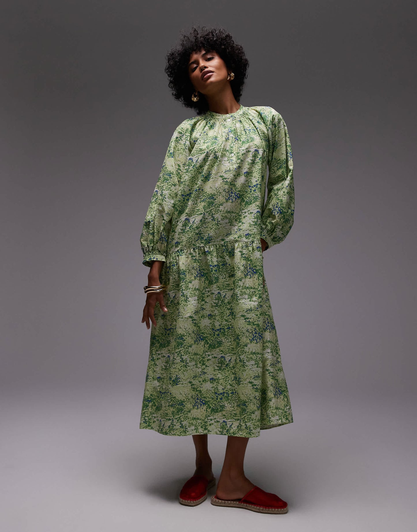 ARKET pure cotton smock midaxi dress with drop waist in green leaf print