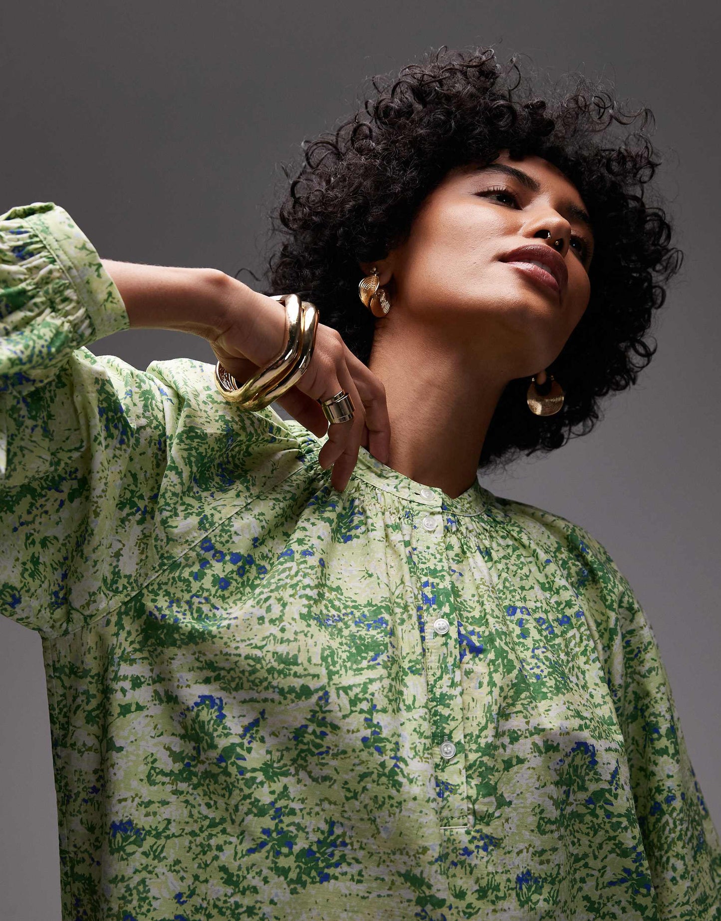 ARKET pure cotton smock midaxi dress with drop waist in green leaf print