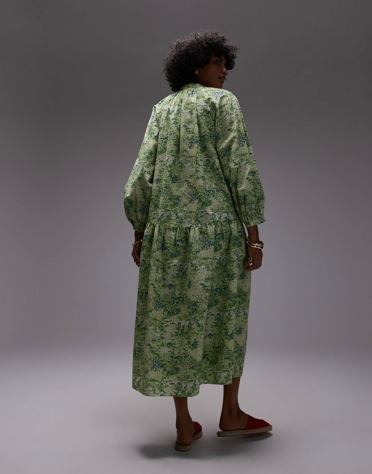 ARKET pure cotton smock midaxi dress with drop waist in green leaf print